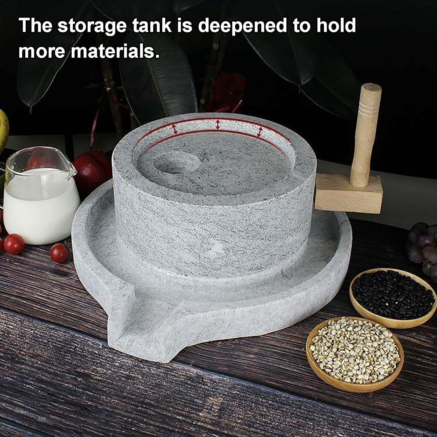 Hand Grain Mill - Natural Granite Stone Grinder, Tradital Manual Tool for Grinding Grain, Beans, Barley - Wooden e for Home Use, Healthy Cooking