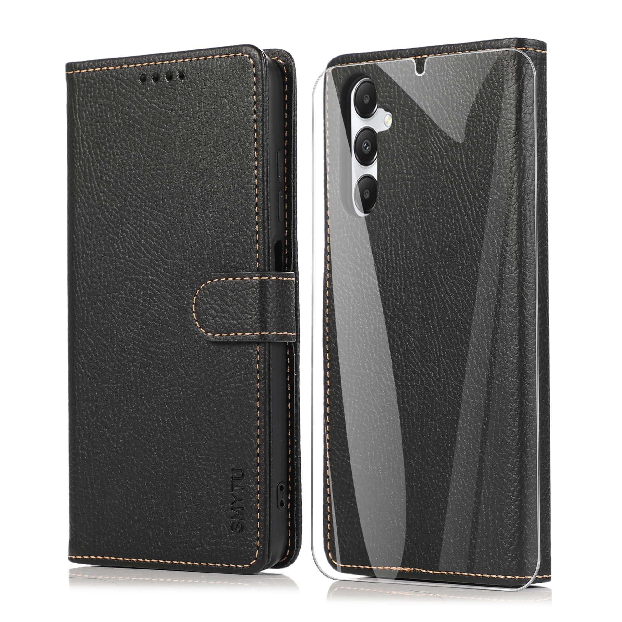 SMYTU Cover a Libro per Samsung Galaxy A05s 4G (6.7") + Vetro Temperato,Custodia Samsung Galaxy A05s 4G,Custodia Flip in Pelle Magnetica Portafoglio Per Samsung Galaxy A05s 4G - Nero