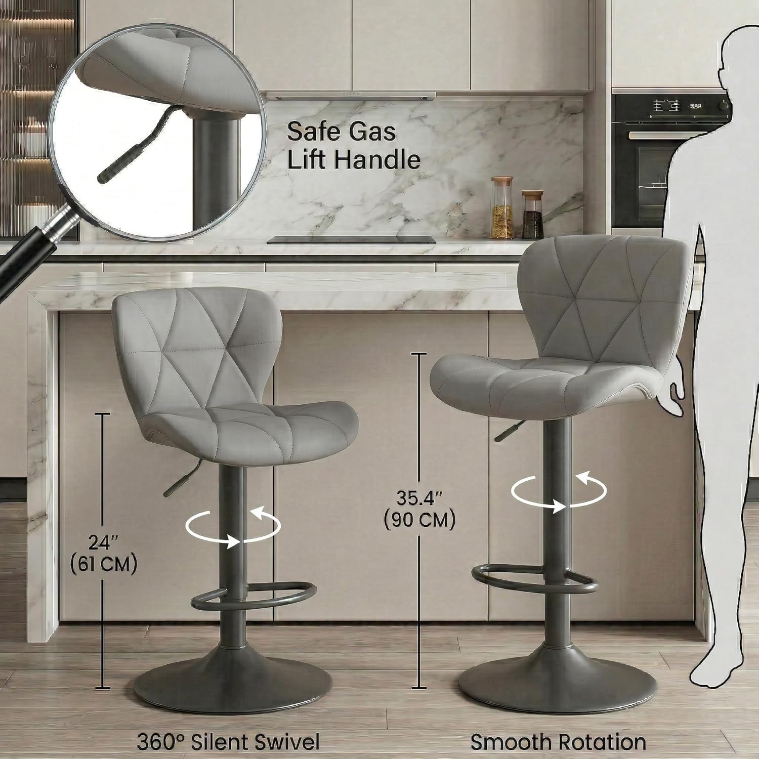 Modern Bar Stools Set of 2,Adjustable Counter Height Barstools with Back for Kitchen Island,Swivel Faux Leather Upholstered Bar Chairs,Tufted Breakfast Bar Stools(Grey)
