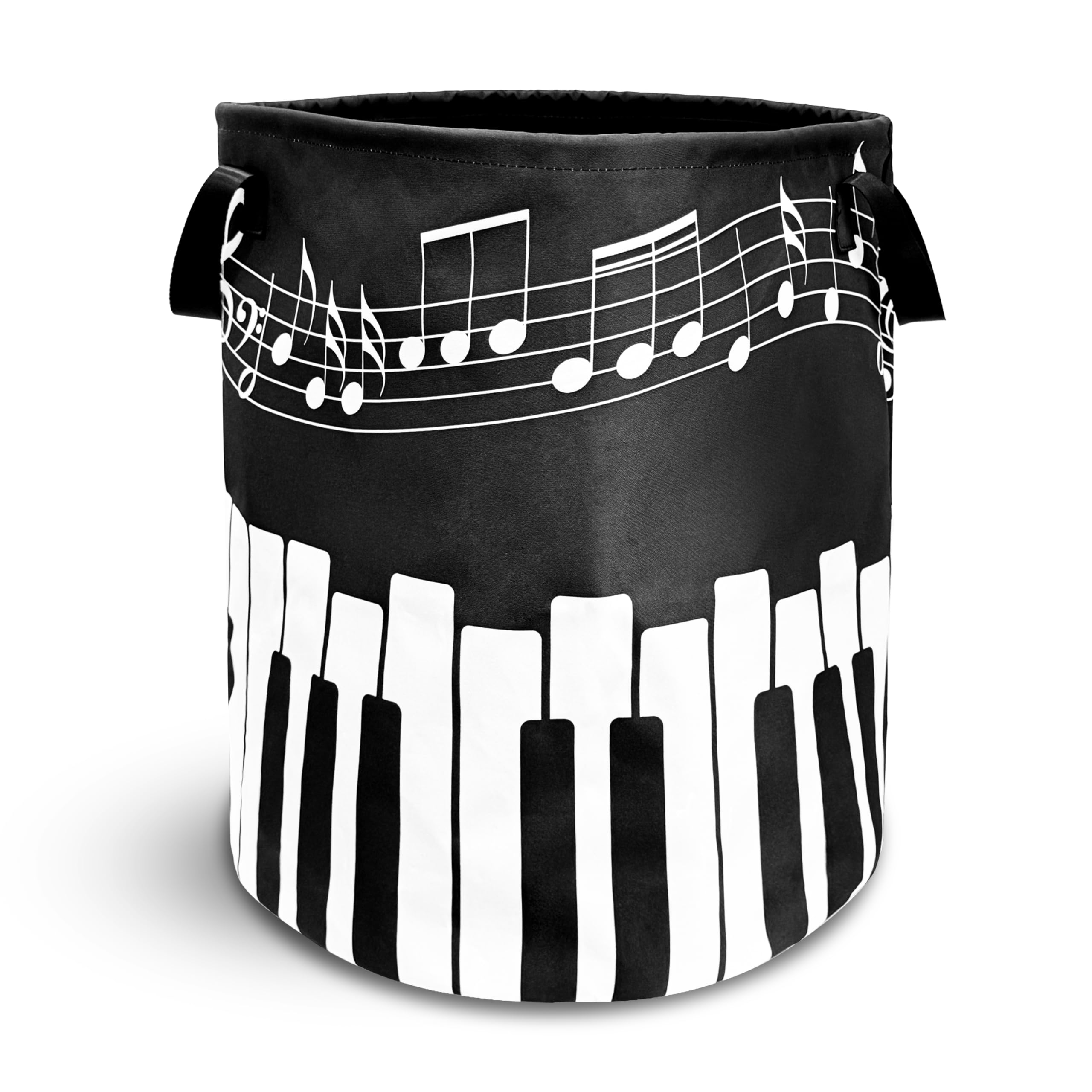 Music Piano Keys Laundry Basket Black White Notes Foldable Waterproof Oxford Cloth Funny Tote Bag Laundry Hamper Clothes Storage Bucket Toy Organizer For Bathroom/Laundry Storage/Bedroom 18.9x16.5 In