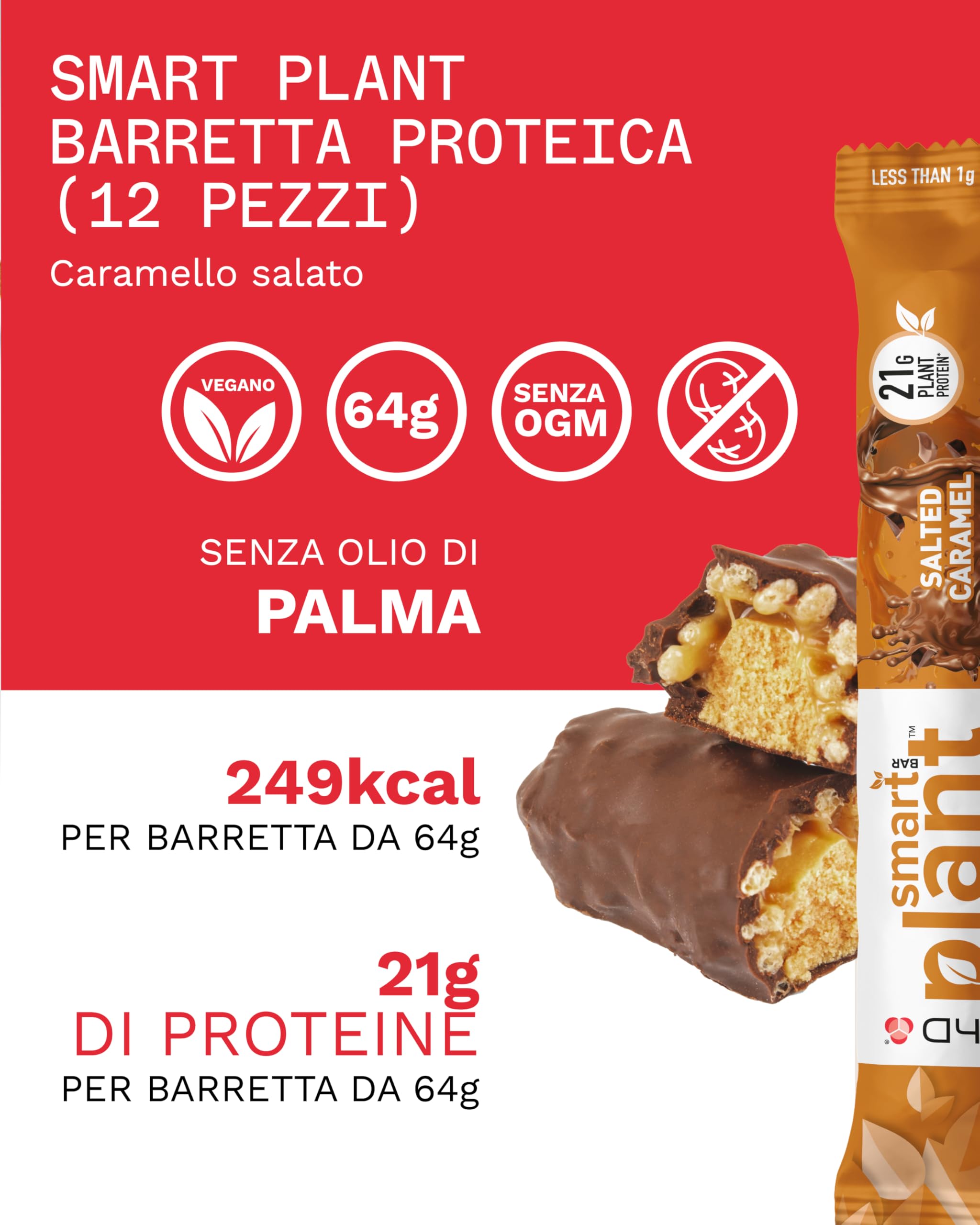 PhD Nutrition Smart Bar Barretta proteica vegana 12x64g Caramello salato - Protein Bar con 21g di proteine e poco zucchero, Adatta per una dieta macro