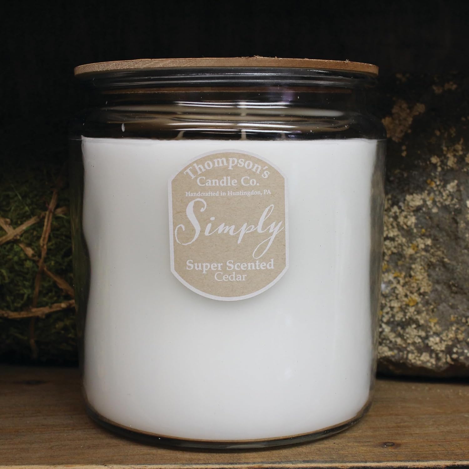 Thompson's Candle Co. Cedar 60 Oz Heritage Jar Candle, Wooden Lid, Three 100% Cotton Wicks