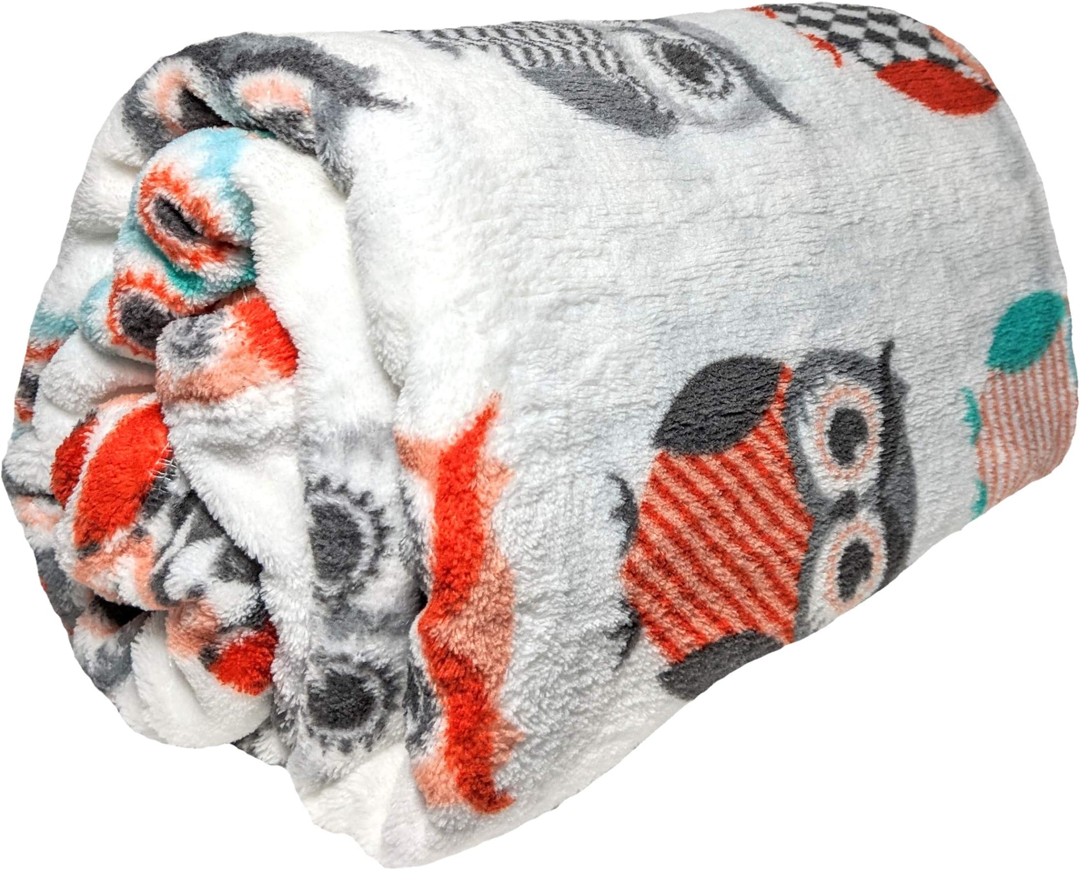 Fruzelg JustHome Fun Print Soft Cozy Lightweight 50 x 60 Fleece Throw Blanket (White with Colorful Owls)