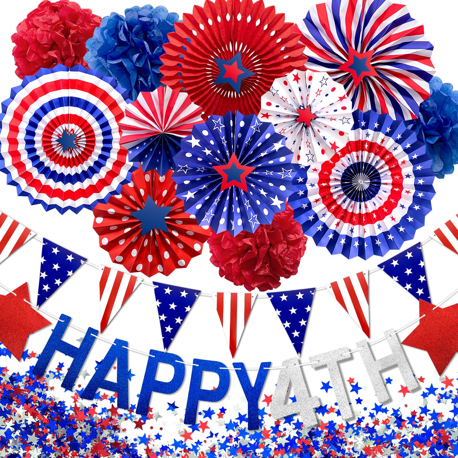 Mauts-inus 4th of July Decorations Set，27pcs Independence Day Party Supplies-Red White Blue Hanging Paper Fans，4TH HAPPY Banner ，Red Blue Stars，Pom
