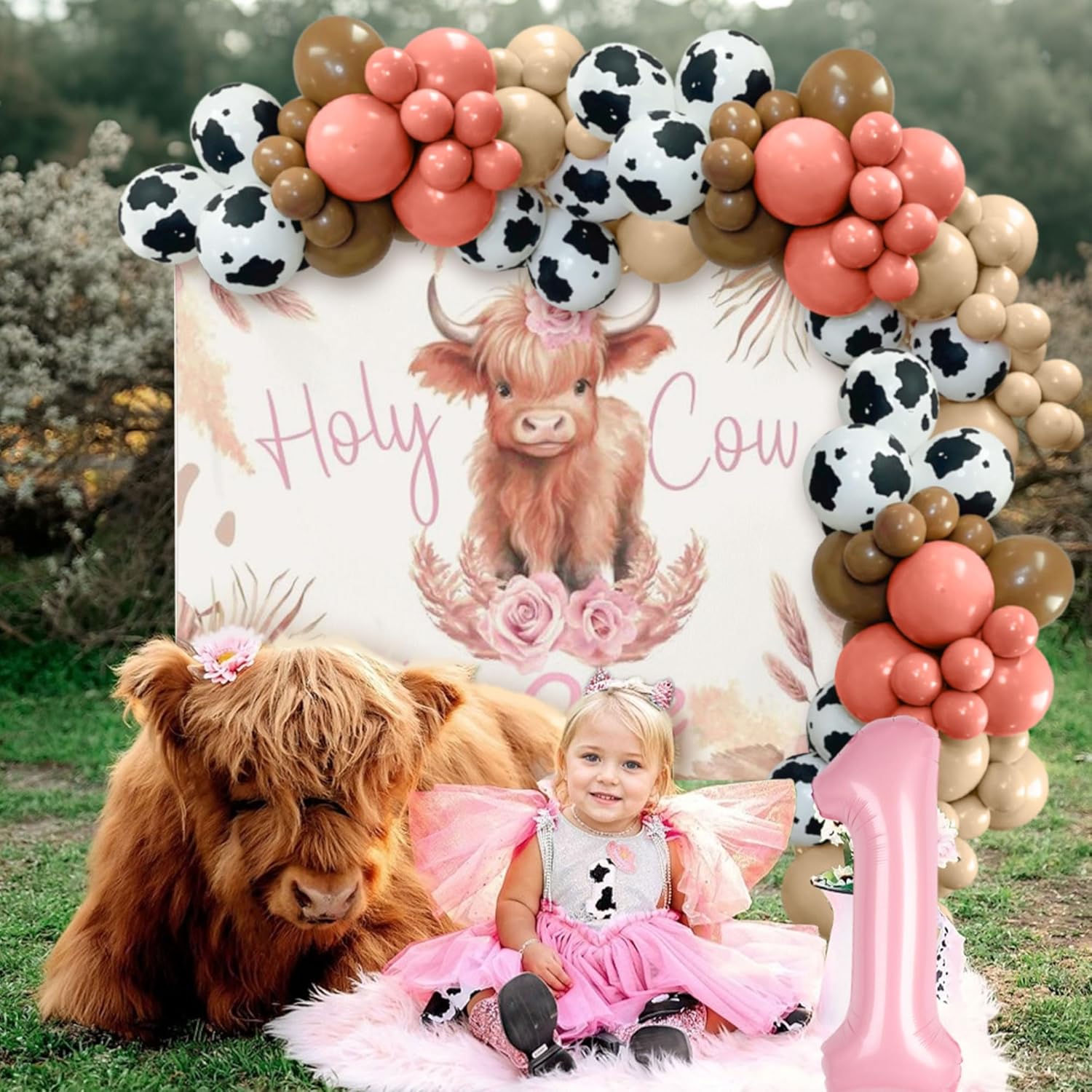 Pink Highland Cow 1st Birthday Party Decorations Holy Cow Im One Backdrop Balloons Cowgirl Western First Birthday Decorations Girl First Rodeo Party Supplies - Image 4
