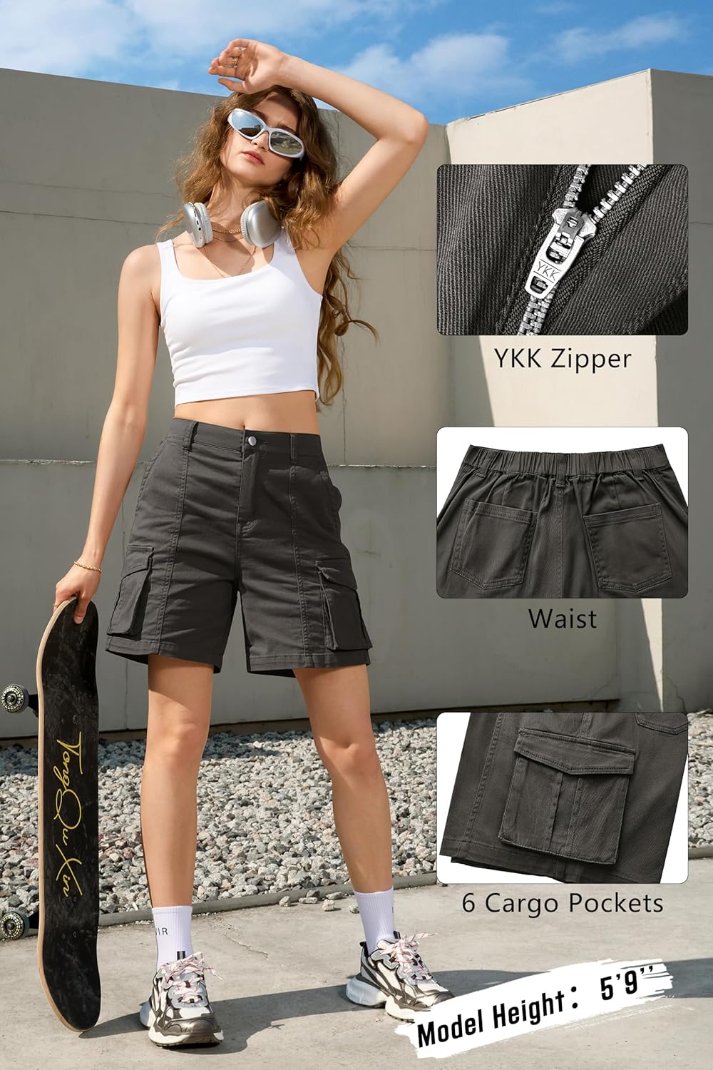 IVIR Bermuda Shorts for Women Cargo Shorts Knee Length 6 Pockets Elastic Waist Long Shorts for Summer Casual