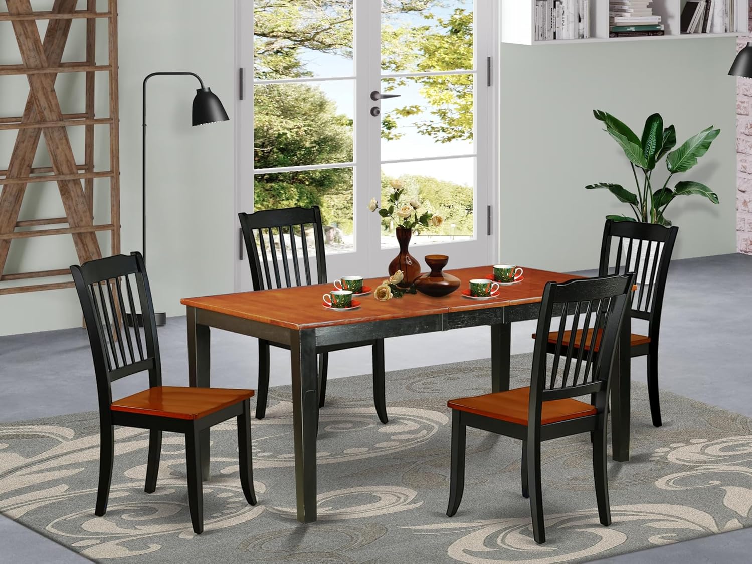 East West Furniture NIDA5-BCH-W 5 Piece Kitchen Table Set for 4 Includes a Rectangle Dining Room Table with Butterfly Leaf and 4 Dining Chairs, 36x66 Inch, Black & Cherry