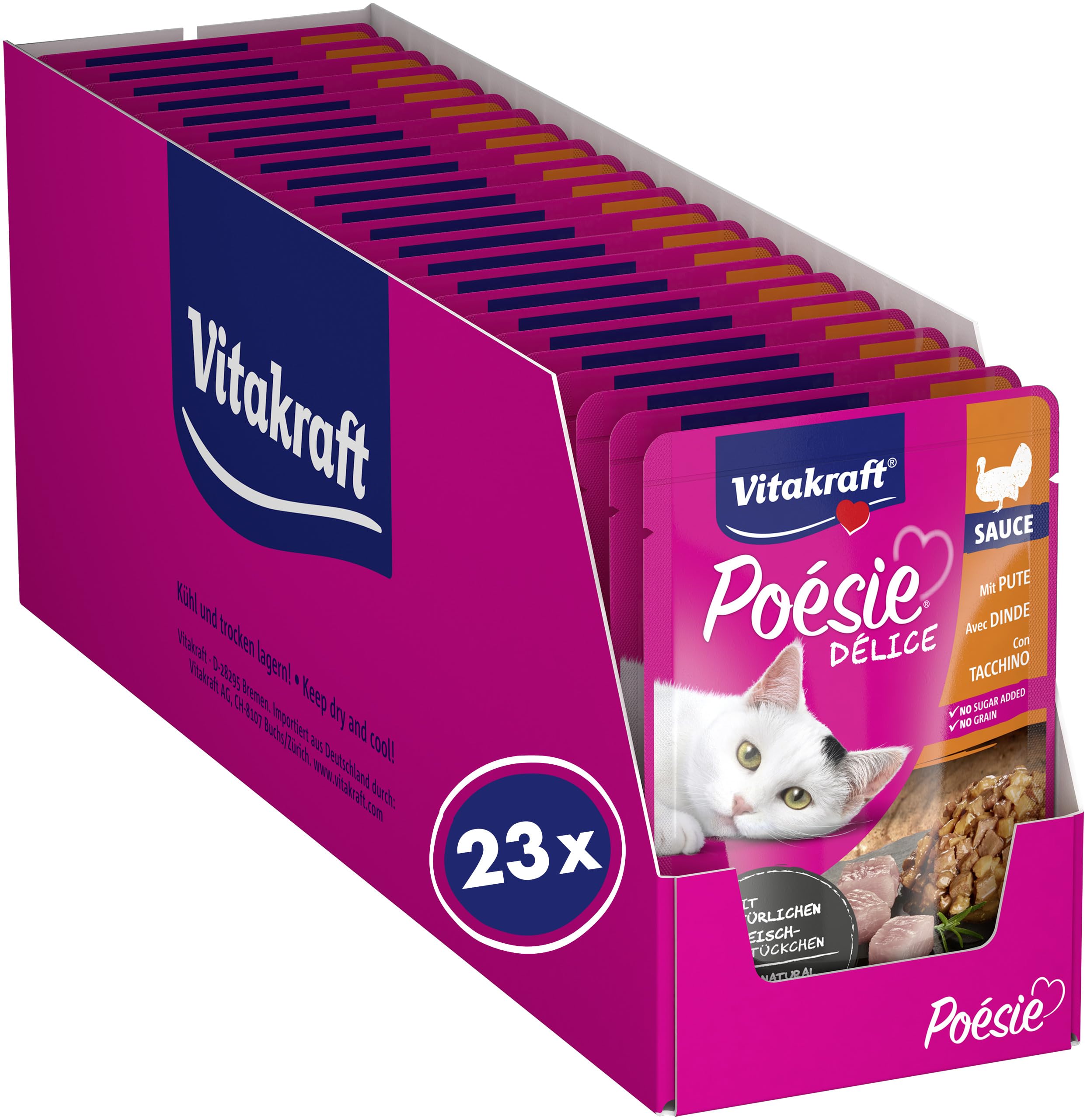 Vitakraft Poésie Délice, Nassfutter Katze, Katzennassfutter in Sauce, mit Pute, Vorratspackung, ohne Zusatz von Zucker und Getreide (23x 85g)