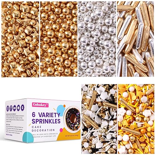 Chispas doradas para decorar pasteles, cupcakes, galletas, cobertura de helado, paquete de 6 unidades de chispas doradas y plateadas, seis de