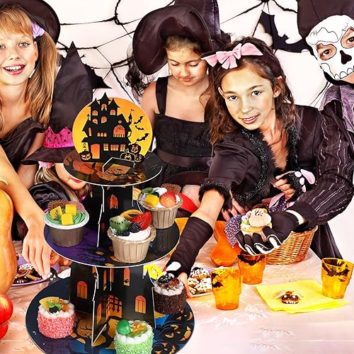 Miniatura 5 de Nuenen Decoración de soporte para cupcakes para fiesta de Halloween, 3 niveles para fiesta temática de Halloween, soporte para cupcakes, torre