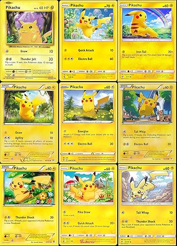Pikachu - Juego de 9 cartas – Lote de cartas de coleccionista Pokemon – Puño furioso, leyendas brillantes, evoluciones, cielos rugientes