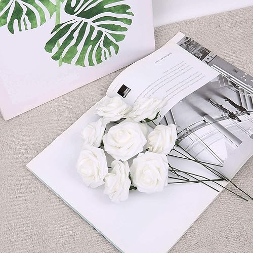 Miniatura 4 de LIVILAN Rosas blancas falsas, flores artificiales a granel de aspecto real rosa sintética blanca con tallos para ramos de boda, centros de mesa,