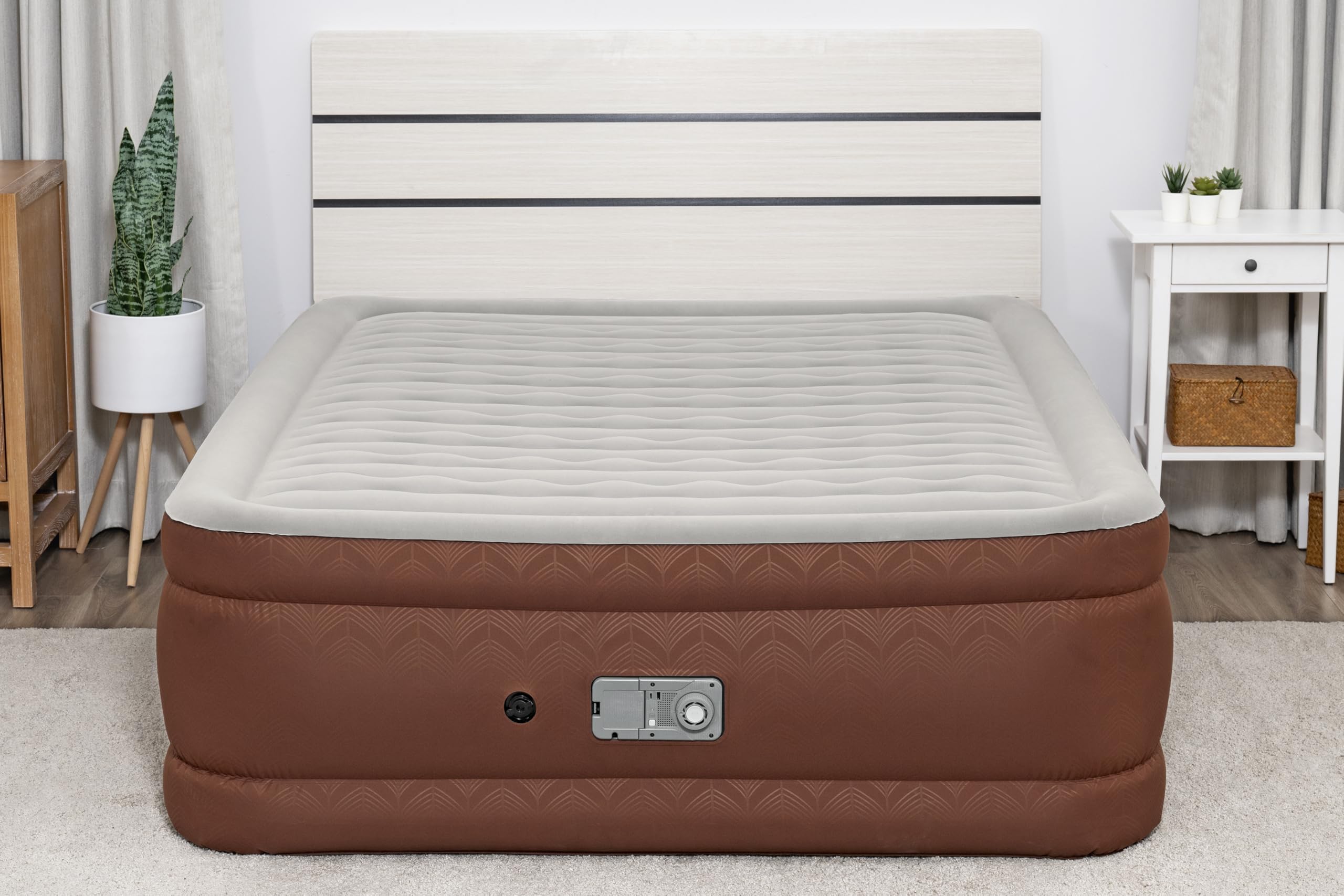 Bestway AlwayzAire Fortech podwójne łóżko dmuchane z pompą Comfort Choice+, 203 x 152 x 51 cm, dla 2 osób, 350 kg, 180 s, falowane wiązki, porty USB, lampka nocna, Soft Top, w zestawie torba, zestaw