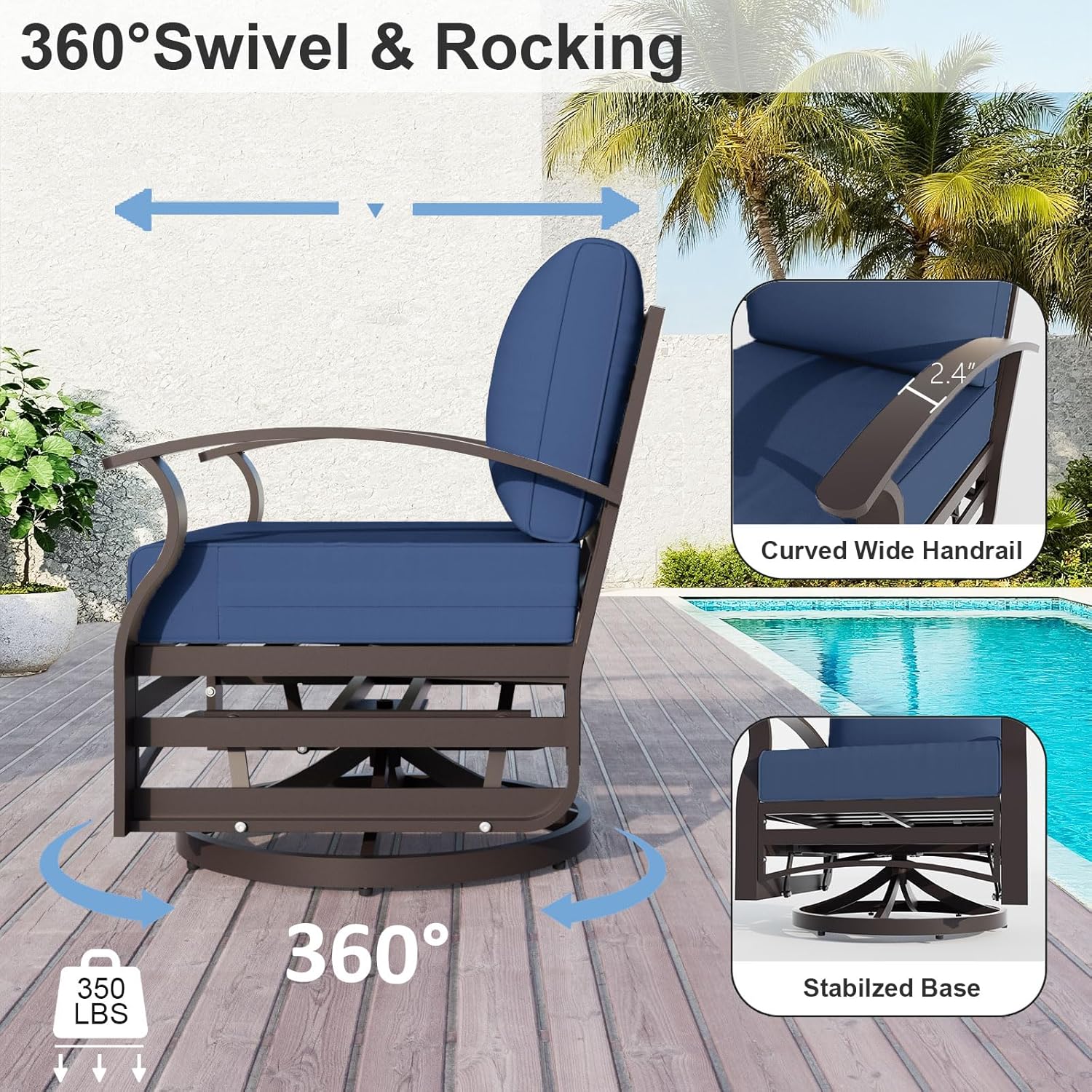 ALAULM Aluminum Patio Furniture Set with Coffee Table Rectangular, 7-seat Outdoor Sectional Furniture w/Swivel Chairs, Patio Conversation Set for Porch, Backyard, Poolside-Dark Blue