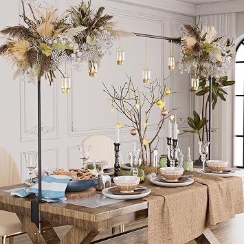 XLHOMO Over The Table Rod Stand with Clamps, Adjustable 32-79 Tall 32"-131" Length, Black Table Arch Stand Metal Balloon Frame Hanging Rod for Weddings Birthdays Party Garden Arbors Decoration