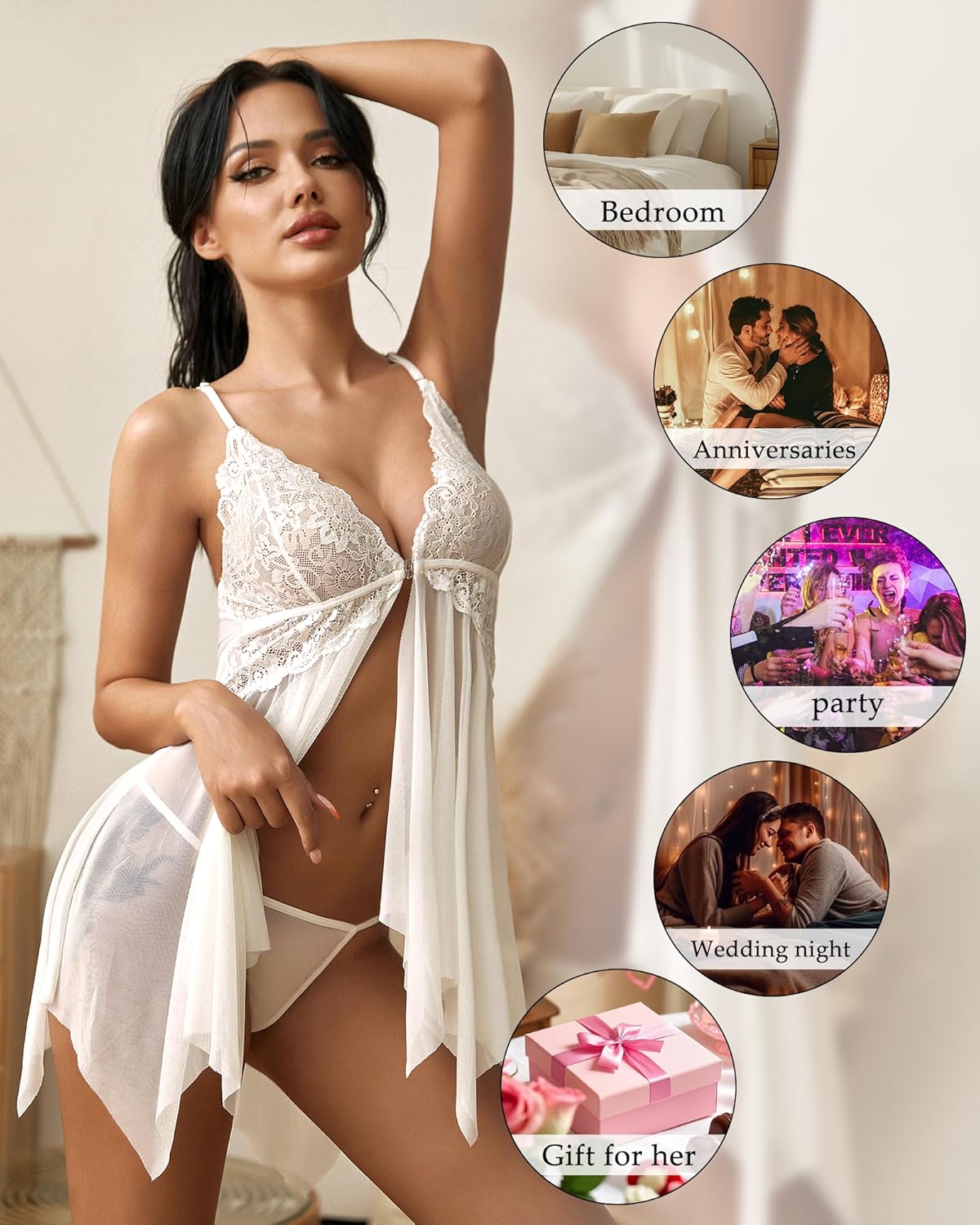 ADOREJOY Women Lingerie Babydoll Front Closure Mesh Lace Chemise Sleepwear Nightie - Image 5