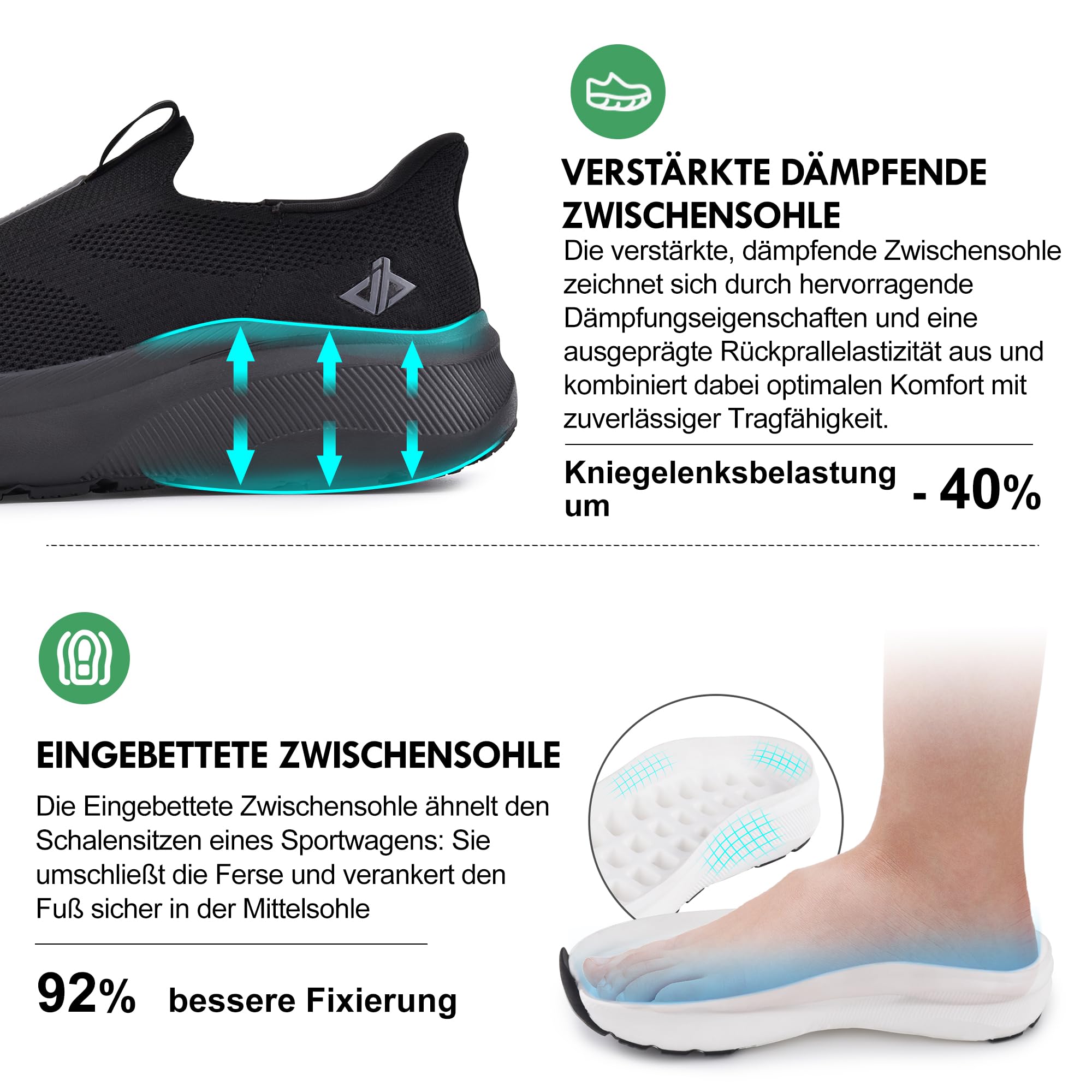 JACKSHIBO Manos libres Slip ins Hombre Zapatos Slip on Sneakers Reposapiés Zapatos ortopédicos de espuma viscoelástica Zapatos para caminar con puntera ancha tacón cero suelas, Negro , 44 EU Ancho