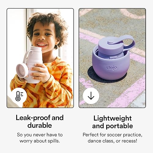 Miniatura 3 de STOJO Jr - Botella plegable para niños, color morado lila, 14 onzas  13.5 fl oz, vaso de viaje de silicona reutilizable a prueba de fugas para