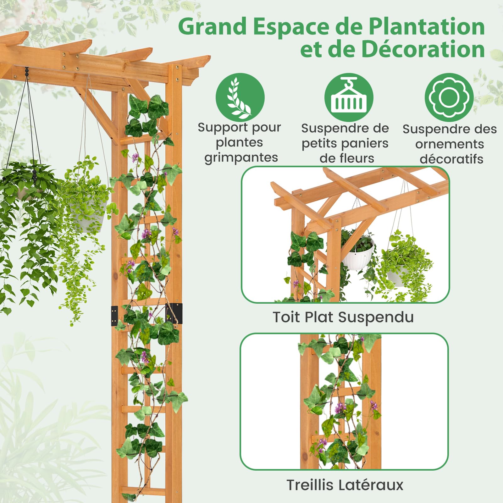 COSTWAY Arche de Jardin en Bois pour Plantes Grimpantes, Arceau à Rosiers en Treillis Extérieur 140x60x215CM, Support de Toile de Fond Plat, Décoration Mariage Fête et Cérémonie
