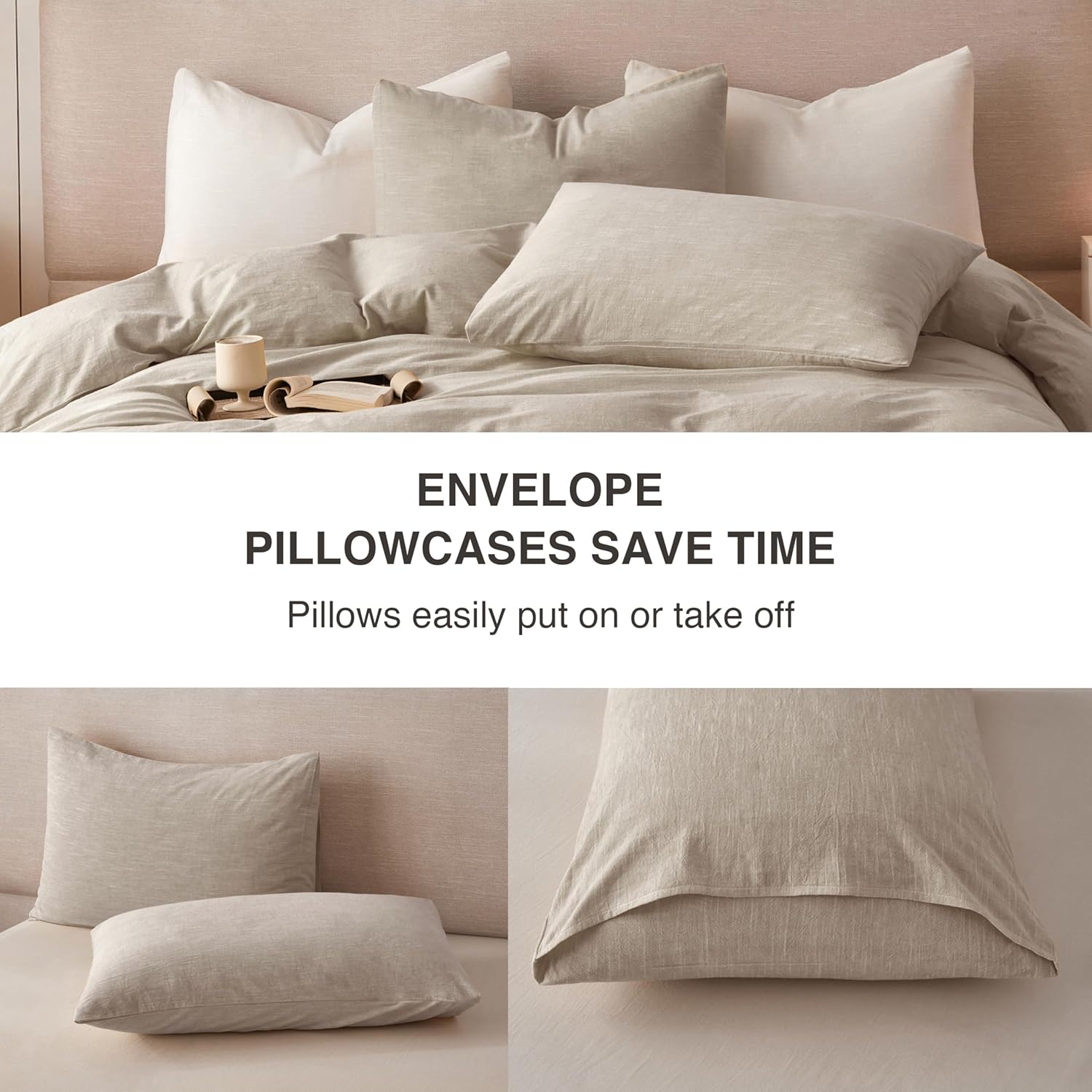 BFS HOME Linen Duvet Cover King Size - Soft Breathable Cotton Linen Blend, 3-Pieces Bedding Set with 2 Pillowcases, Stonewashed Texture, Khaki, All-Season Comfort