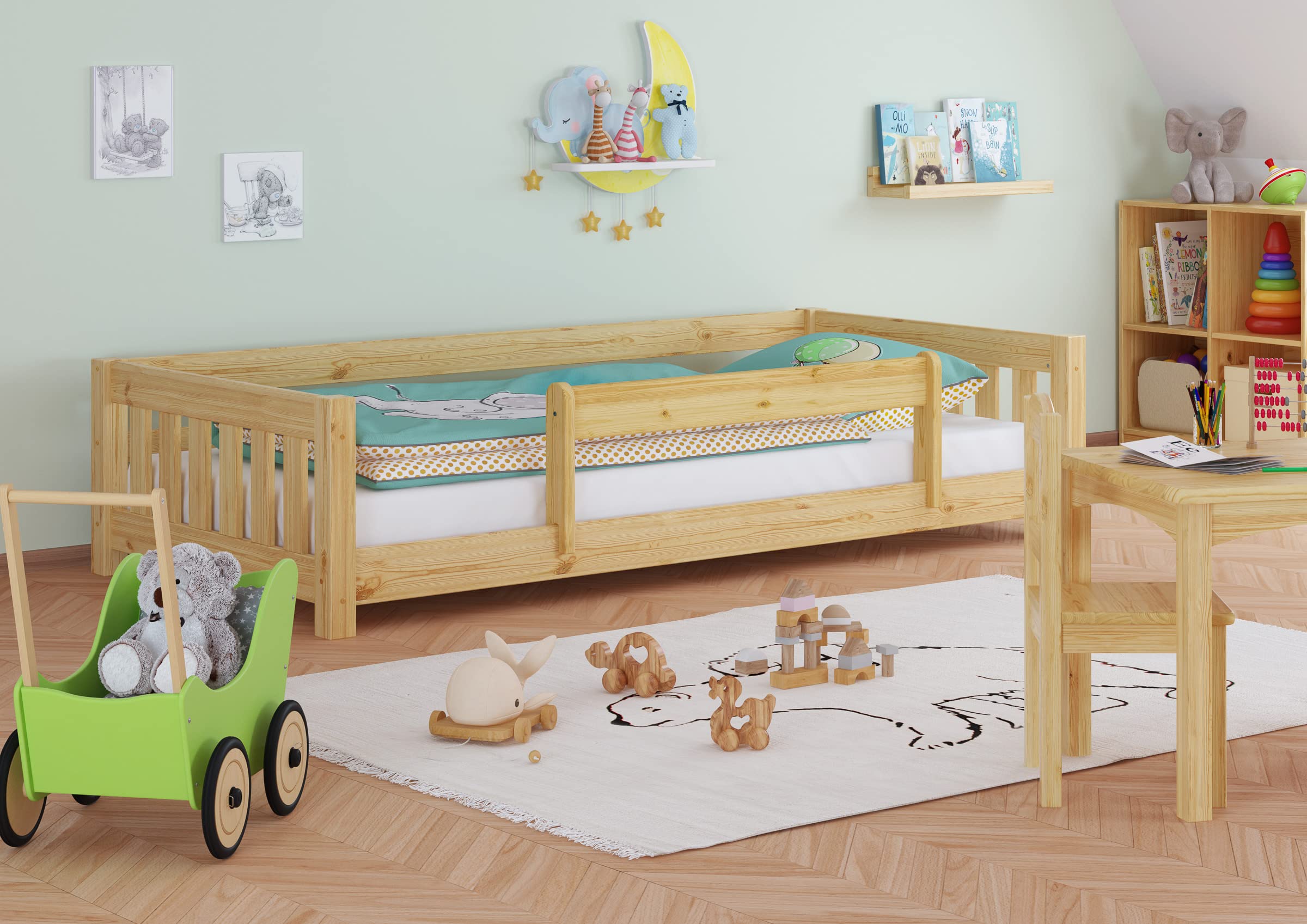 Erst-Holz®Niederflurbett für Kinder mit Sicherung 90 x 200 cm Kiefer massivRollrost inkl.