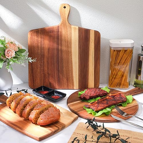 Miniatura 6 de Zhehao Juego de 3 tablas de cortar de madera de acacia con mango para charcutería, tabla de queso, carne, pan, cortar, verduras, frutas, cocina,