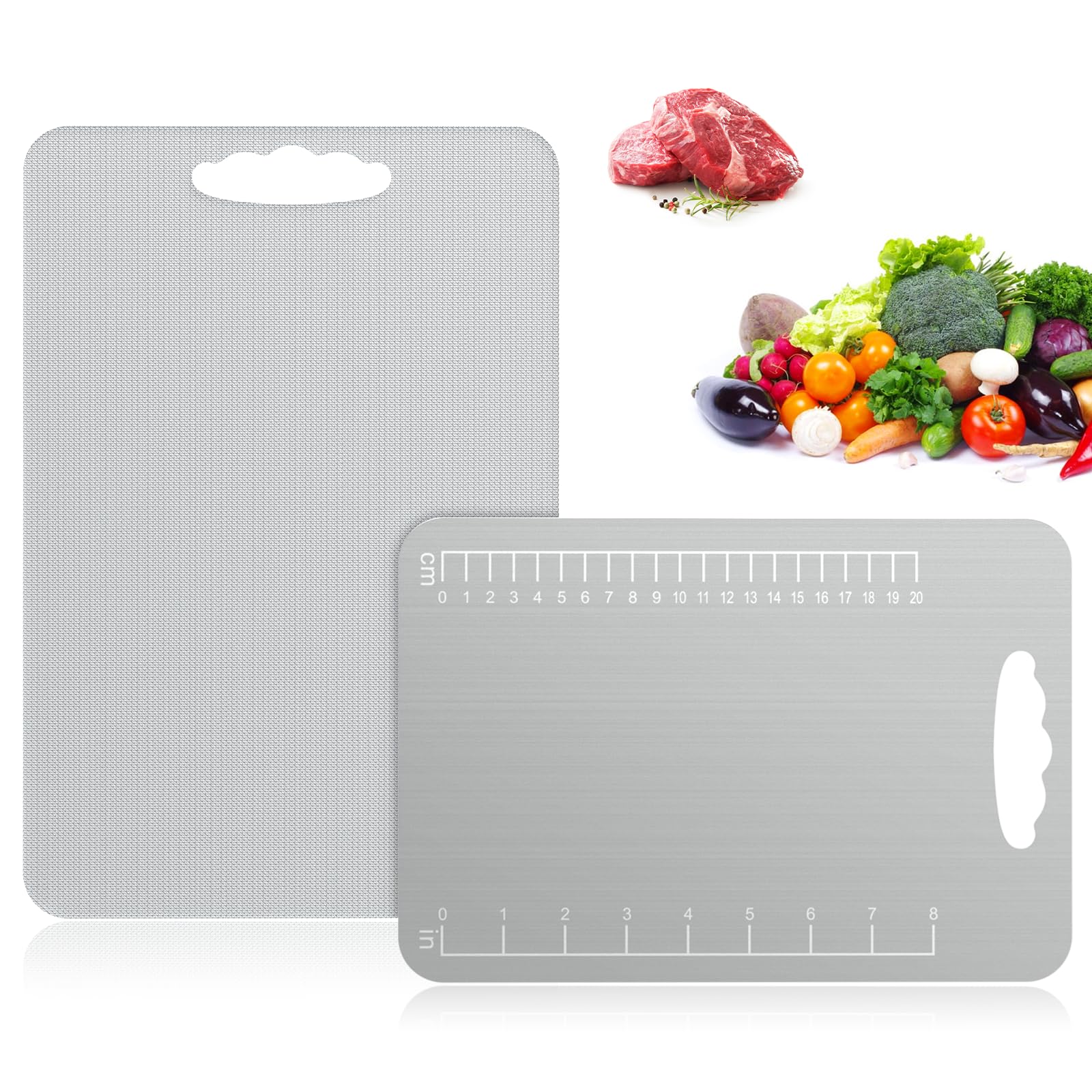 Alyvisun Tagliere in Acciaio Inox, Rivestimento in Titanio, Doppia Faccia con Superficie Testurizzata Effetto Riso e Liscia, Multifunzionale, Carne, Facile da Pulire (34×23cm + 25×15cm)