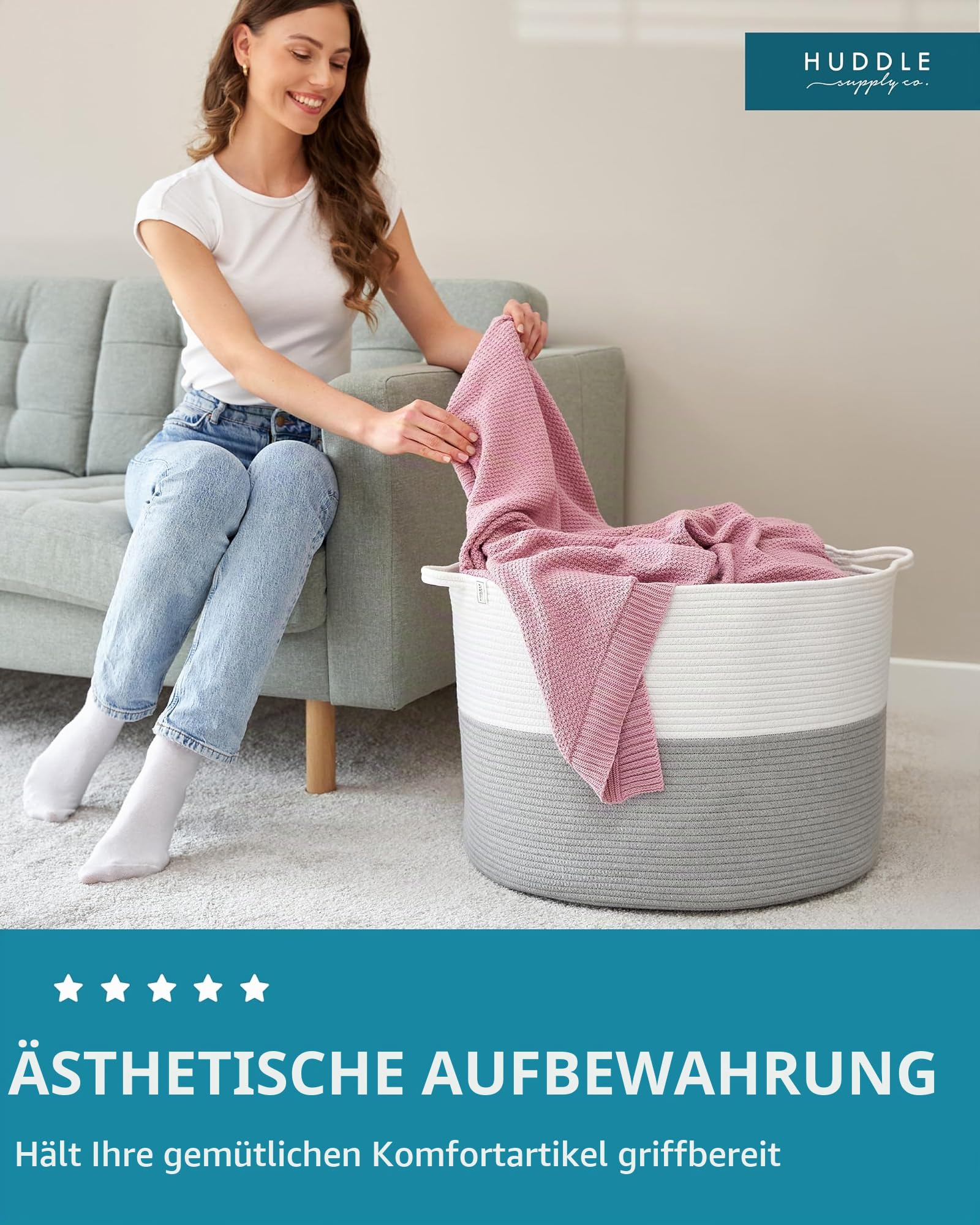 Waschbarer Jumbo-Deckenkorb in Größe 4XL, 125 l, gewebter dekorativer Korb aus Baumwollseil mit Griffen für Wäsche, Wohnzimmer, Babyspielzeug, Kinderzimmer, Aufbewahrung, 61 x 43,2 cm (Grau & Weiß)