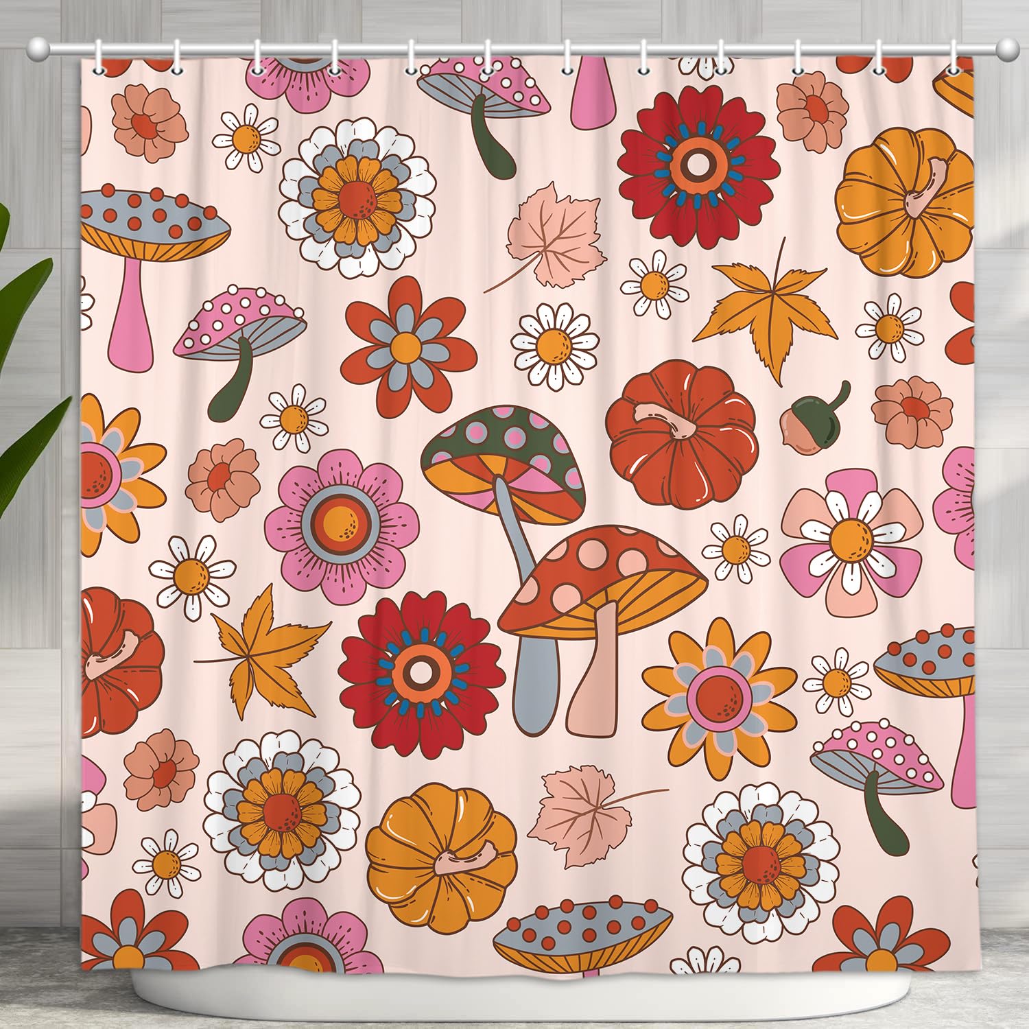 Retro Sun Flower Shower Curtain, Vintage Hippie Funky 70s Sun Flowers Shower Curtains for Bathroom Decor, Boho Colorful Floral Shower Curtain Set with 12 Hooks, 70X85IN