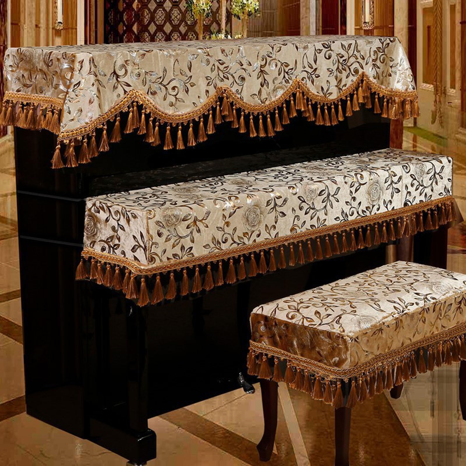 SUNMME Three Piece Set Piano Dust Cover Cloth Stool Universal Upright Protective With Tassels Half For Dustproof/a/single (a Double Stool)