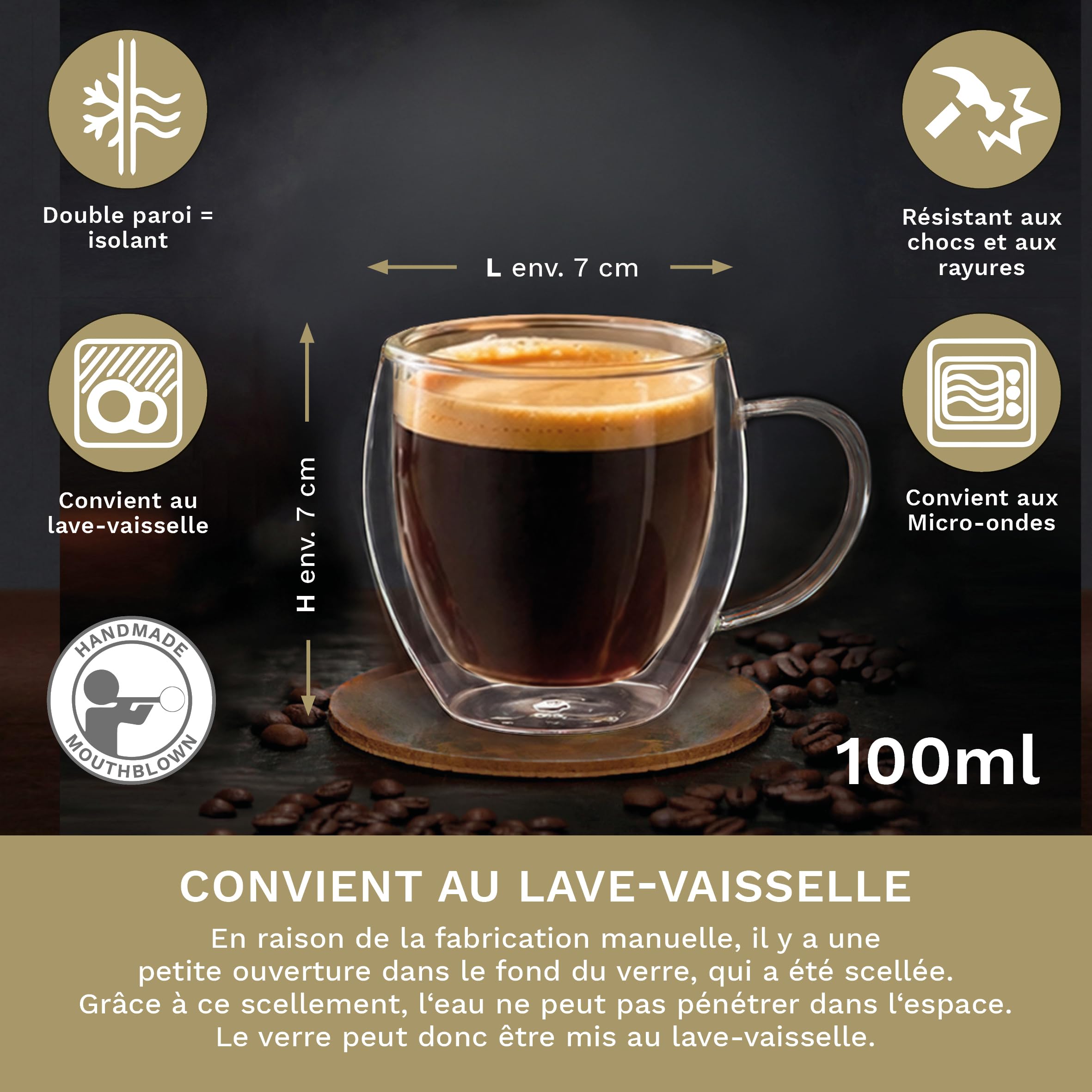 Creano Verre Double Paroi Espresso avec Anse 100 ml – Modèle Haut Isolant en Verre Borosilicate pour Boissons Chaudes et Froides – lot de 6 verres
