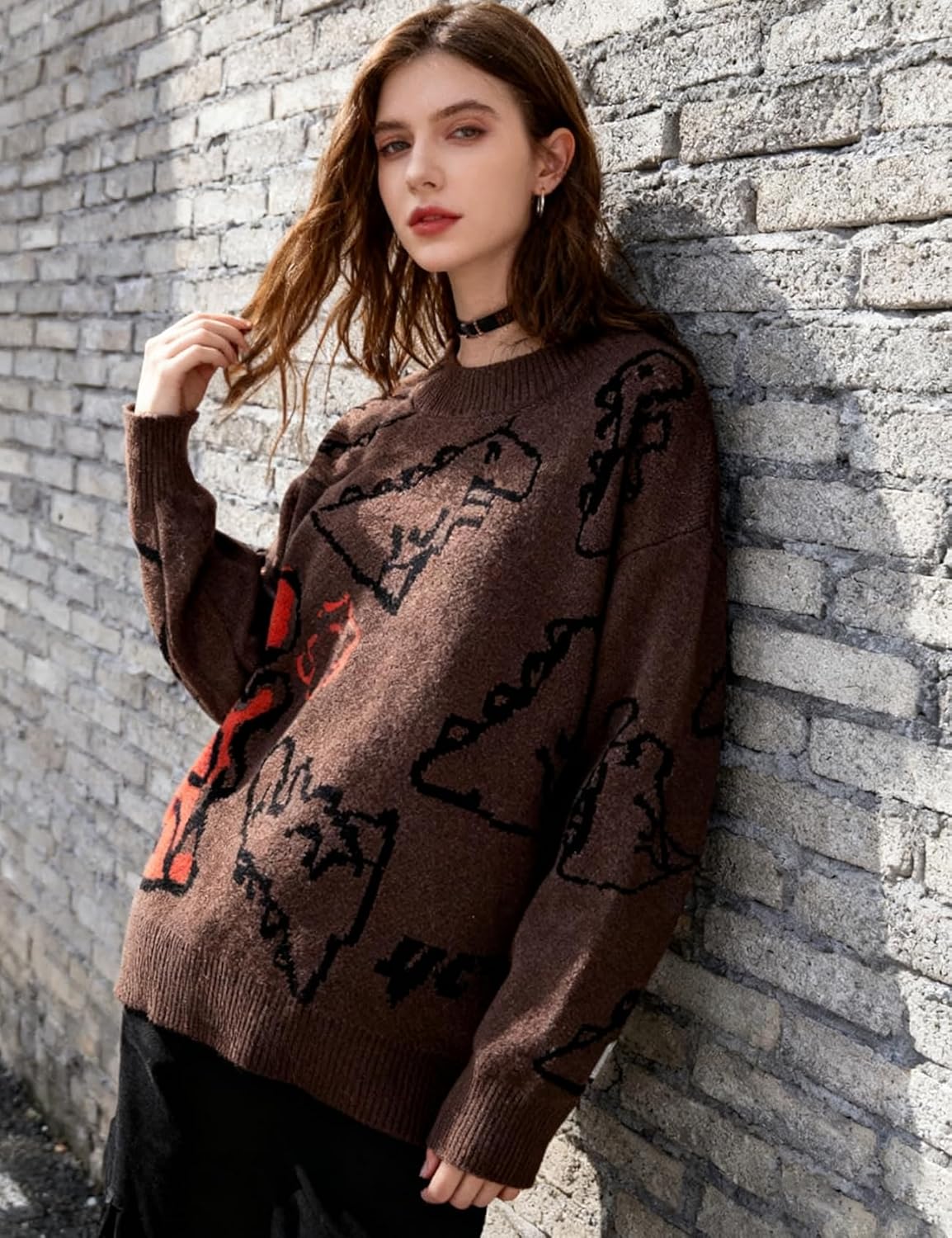 Gihuo Women Dinosaur Oversized Sweater Graphic Crewneck Knitted Pullover Casual Loose Fit Jumper Tops - Image 6