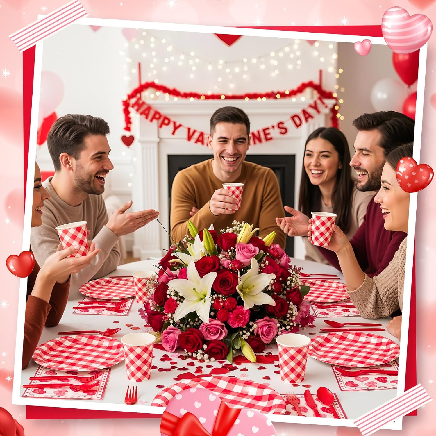 350 Pcs Valentines Party Supplies Set for 50 Guests Red Heart Paper Plates and Napkin Gingham Plates 9 oz Cups Plastic Fork Knife Spoon Disposable Tableware Decor Romantic Anniversary Wedding