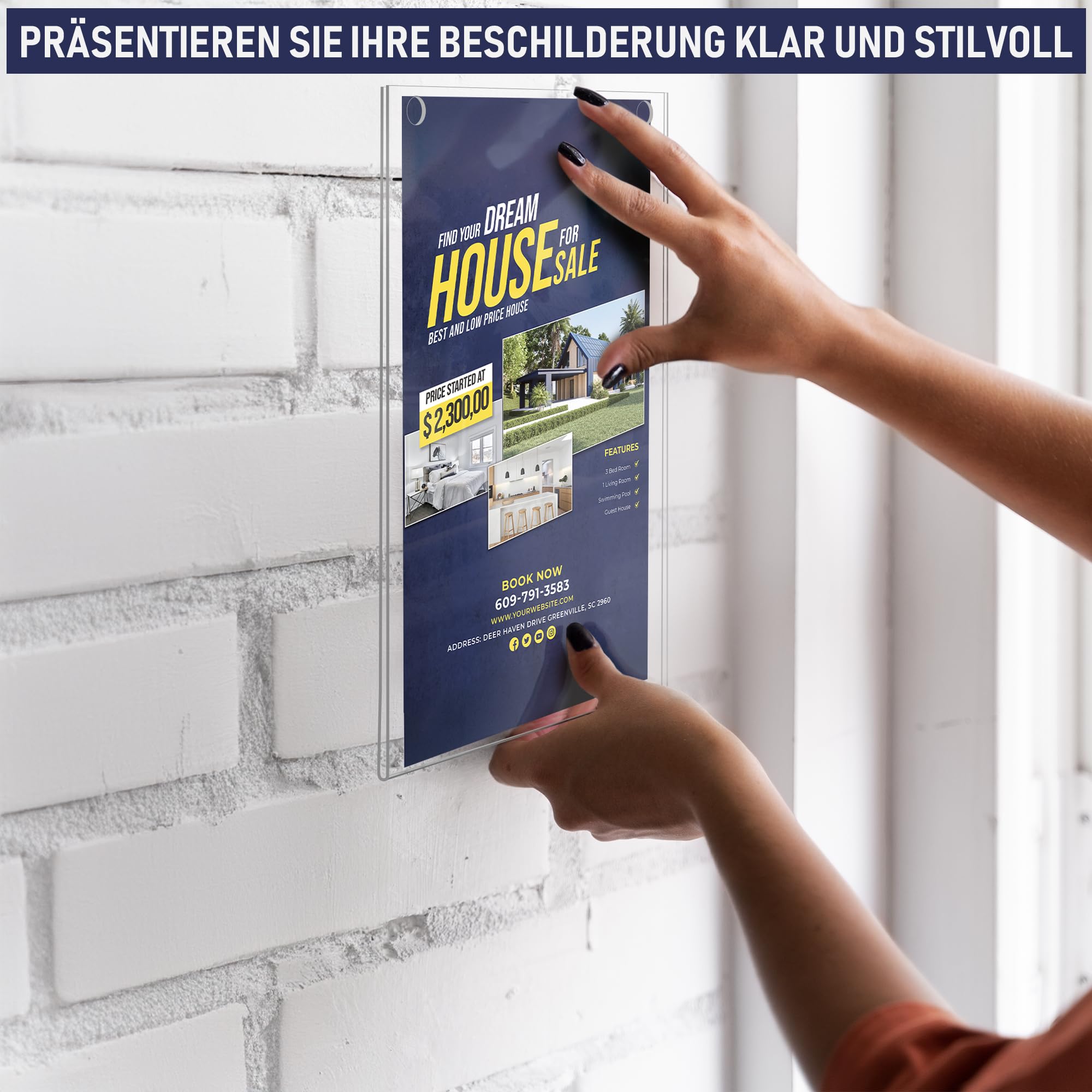 Acryl Schildhalter A4, 6 Stück, Transparenter Rahmen Papierhalter mit mehreren Befestigungsoptionen inklusive, Wandmontage Posterhalter, Kunststoff-Notiztafel für Zuhause, Büro (A4-6 Stück)