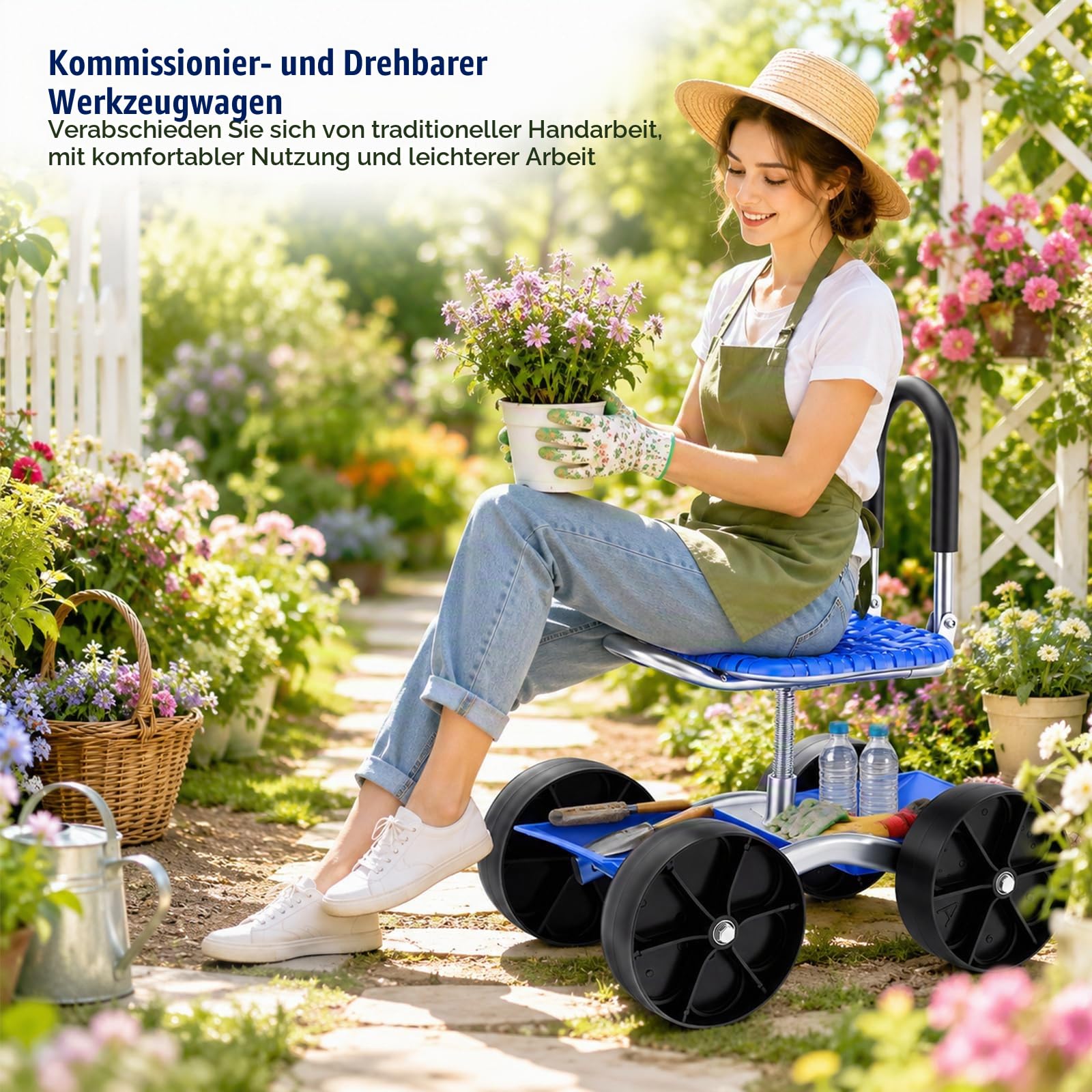 Gartenhocker, Rollender Gartenwagen Gartensitz mit Rollen Garten Rollsitz Kniebank Gartentrolley 360° Drehbar Höhenverstellbar Mobiler Gartenhocker mit Griff Ablagefach Gartenarbeitssitz bis 150 kg