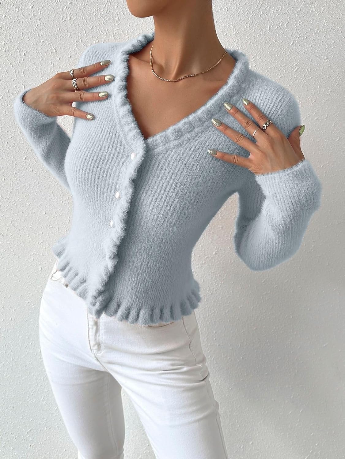 SKAYS Women's Ruffle Button Cardigan Knitted Cropped V-Neck Long Sleeve Front Open Top - Image 6