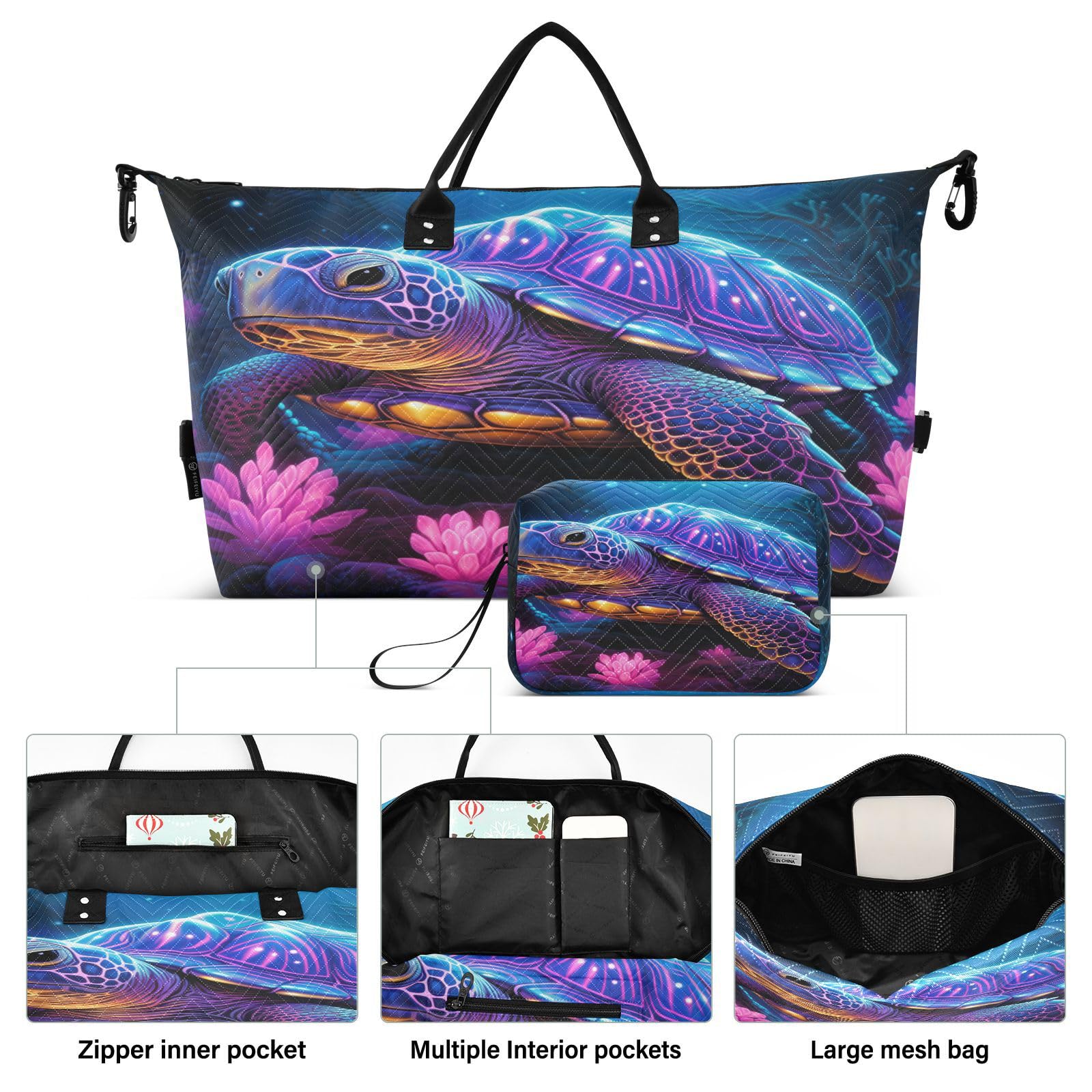 Purple Fancy Sea Turtle Sports Swim Gym Bag Weekender Duffel Travel Bags Handbag with Makeup Storage Bag for Girls Men