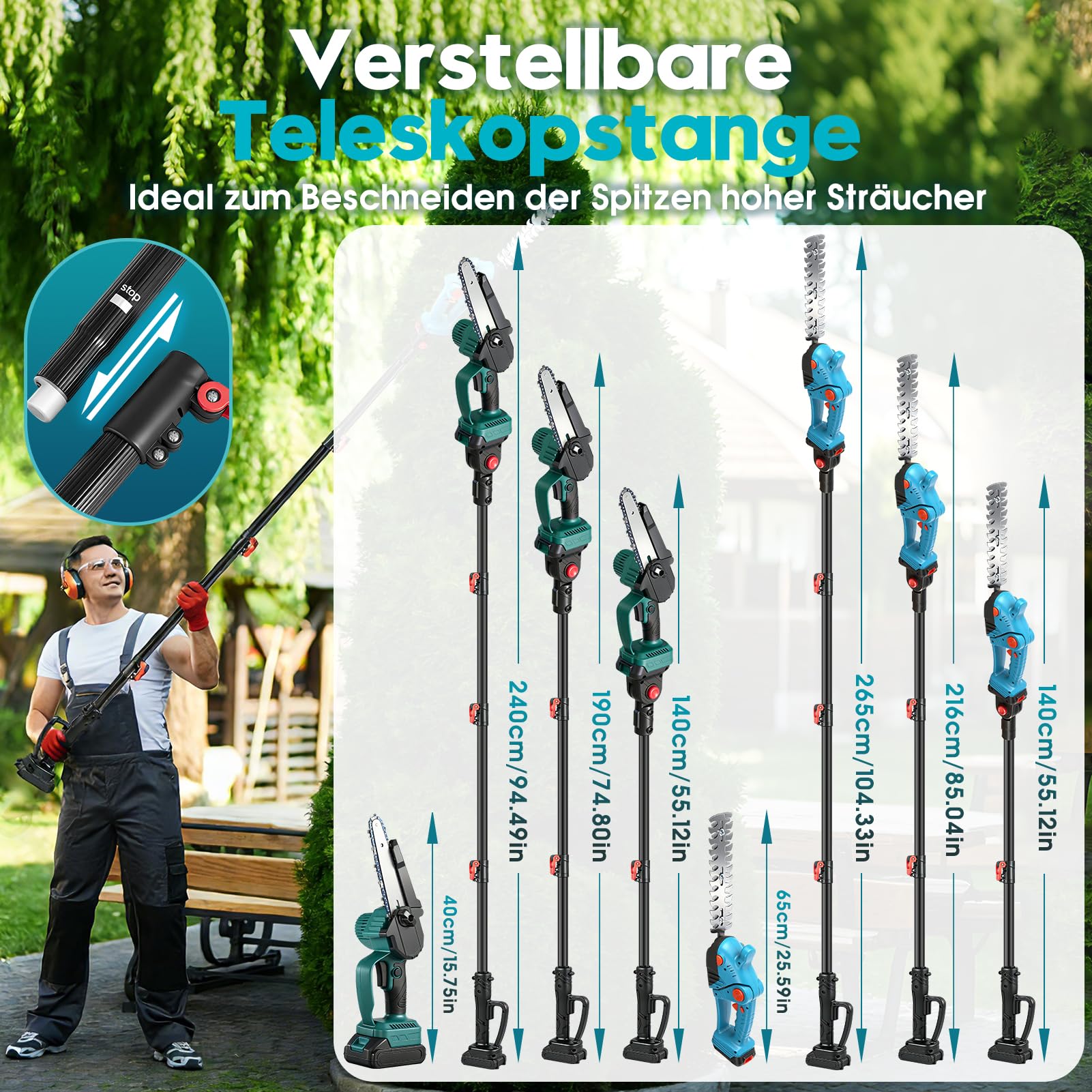 Motosierra y cortasetos, batería telescópica, combo 4 en 1, mini motosierra eléctrica de 8 pulgadas con 2 baterías de 2000 mAh, 4 cadenas, guantes y gafas de protección adecuadas para tijeras de podar