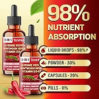 Vista 7 de Gotas líquidas de pimienta de cayena 10 en 1 con vitamina D3, vitamina K2, bayas de espino, raíz de remolacha, jengibre, canela de Ceilán, cúrcuma