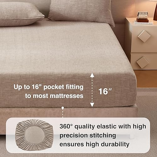 Miniatura 4 de HOMICIA Juego de sábanas de algodón y lino lavado a la piedra, 3 piezas, transpirable y agradable al tacto, 1 sábana encimera, 1 sábana bajera de