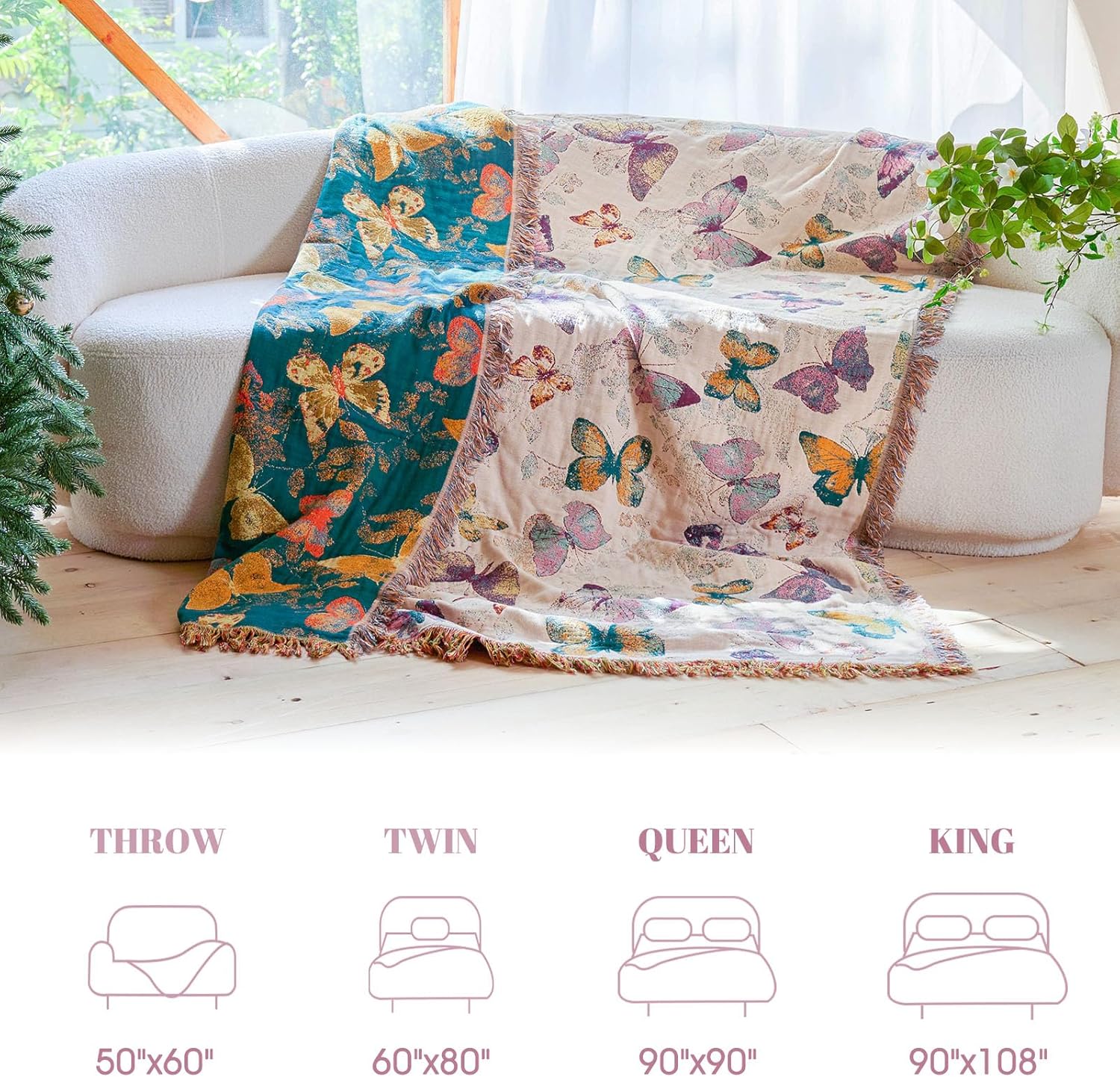 MSGKV Boho Throw Blanket for Bed Cotton Butterfly Twin Size Couch Blanket 60"x80" Muslin Spring Breathable All Seasons Lightweight Farmhouse Blankets