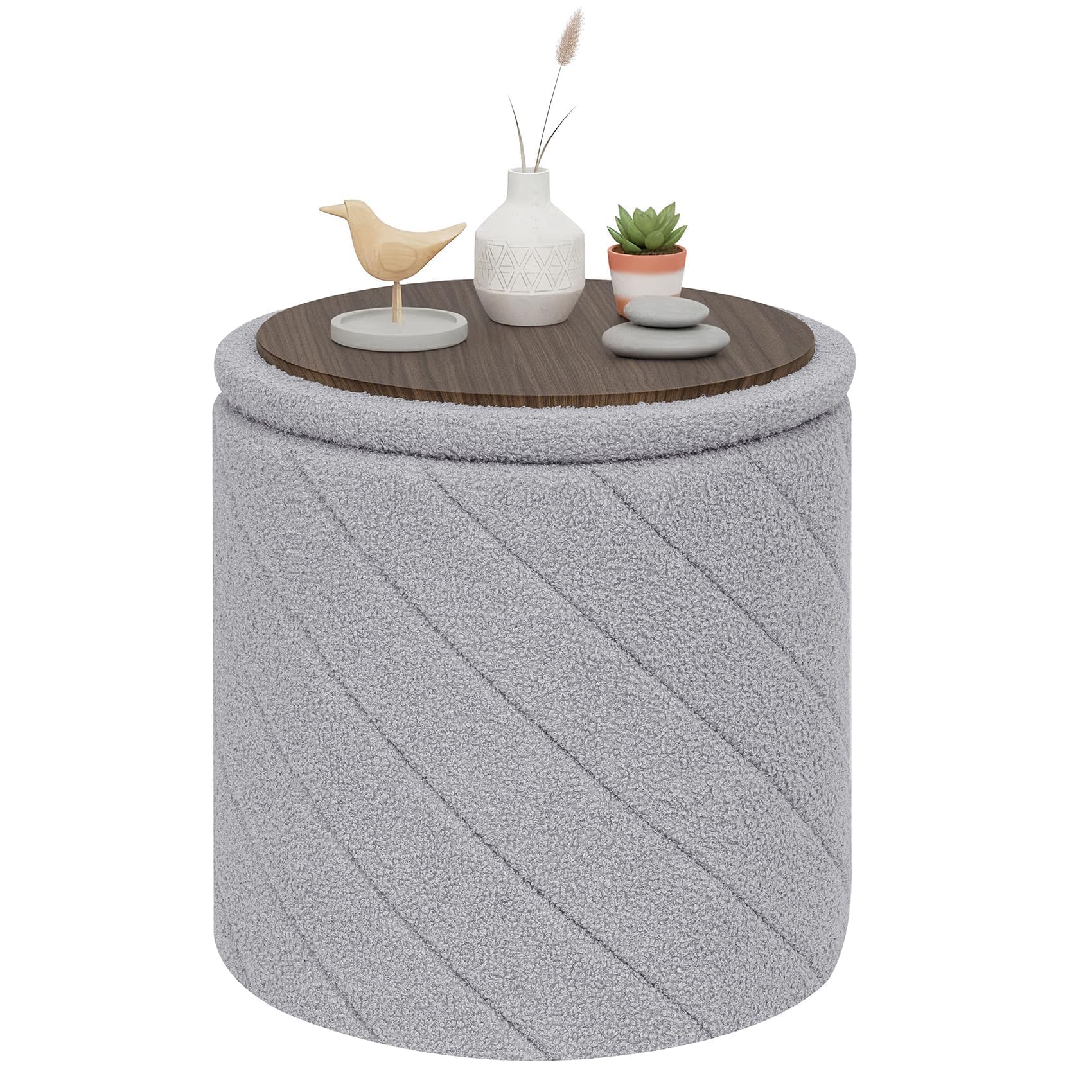 PINPLUS Round Ottoman Storage Box, Folding Stool, Grey, 43x43x45 cm