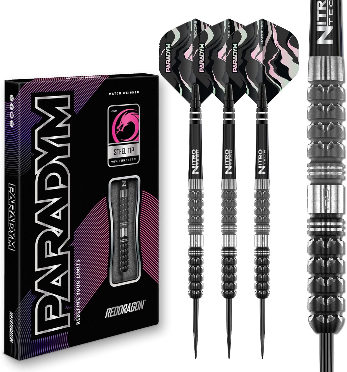 RED DRAGON Darts - Paradym Series - 90% Tungsten Professional Steel tip Darts Set with Dart Flights and Dart Shafts (Stems) - Available in 21g, 23g, 24g, 25g & 26g