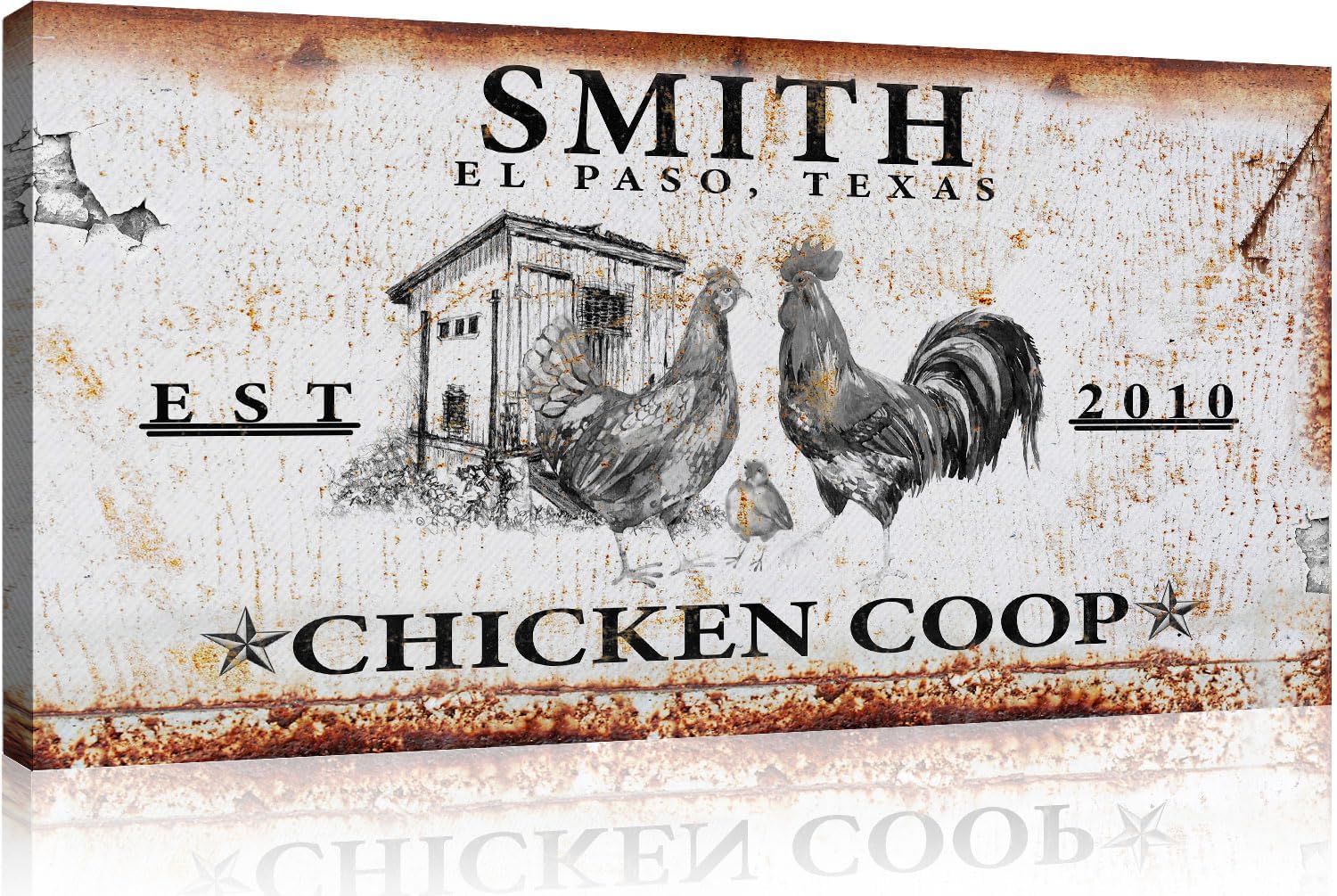 TAILORED CANVASES Chicken Coop Sign - Large Personalized Canvas Wall Art Decors and Accessories for Outdoor, Kitchen, Hen House, Roost Home, Farmhouse and Barn - Rustic - Rooster, Hen and Baby Chick