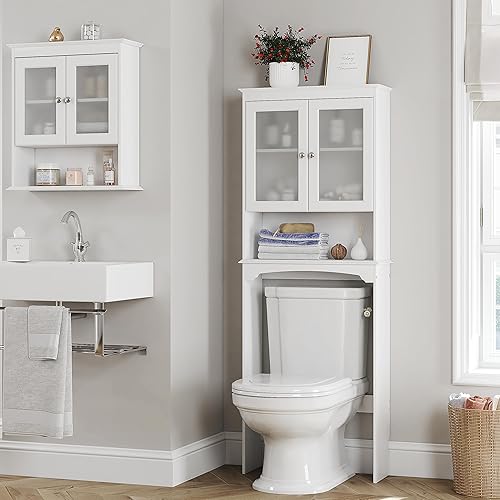 Miniatura 4 de Spirich Gabinete de almacenamiento sobre el inodoro, estante de almacenamiento sobre el inodoro con puertas de vidrio, organizador de baño detrás