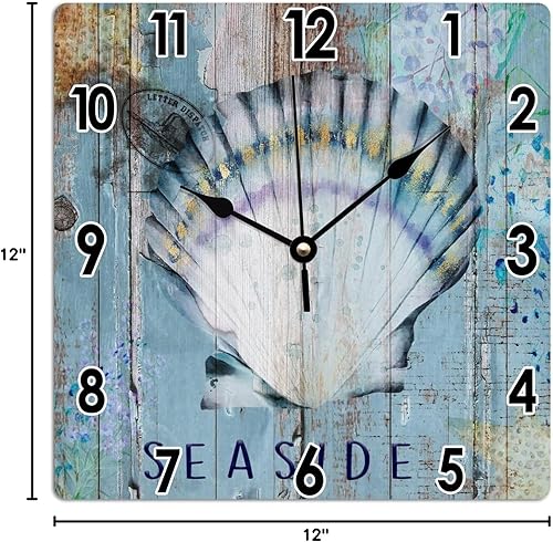 Miniatura 8 de Reloj de arte rústico de 12 x 12 pulgadas, estilo vintage, con diseño de océano, con carcasa de PVC, de grano de madera azul, animales marinos,