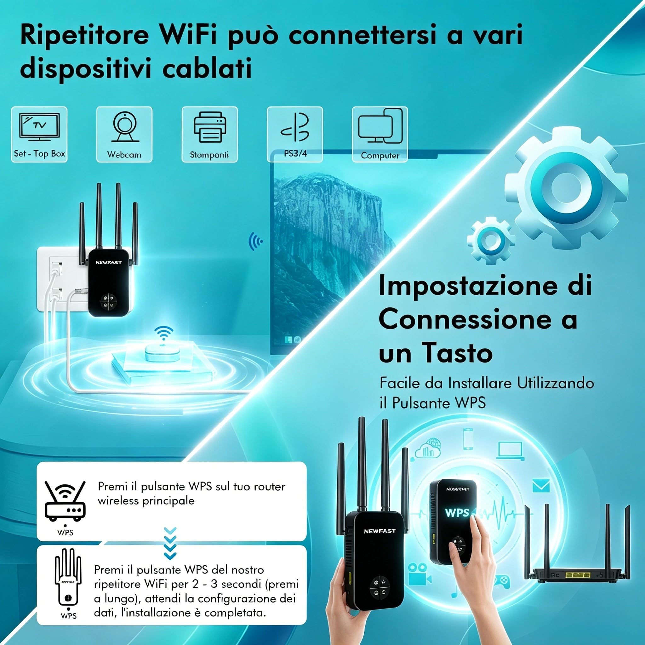NEWFAST Ripetitore WiFi Potente per Casa, 1200Mbps WiFi Extender Dual Band | 2.4GHz/5GHz con 4 Antenne ad Alto Guadagno, Porta Ethernet, WPS, Display Intelligente, Supporta 3 Modalità(Nero)