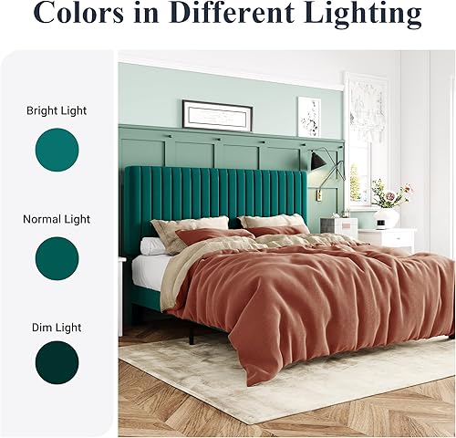 Miniatura 8 de Allewie Base de cama matrimonial, cama de plataforma tapizada de terciopelo con cabecera capitoné de canal vertical ajustable, base de colchón con