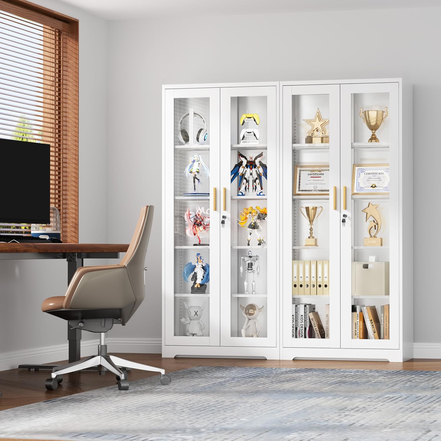 Lockable Display Cabinet with Glass Doors, Curio Cabinets with 4 Adjustable Shelves, Liquor Bookcase Bookshelf with Doors, Metal Storage Cabinet for Living Room Pantry, White