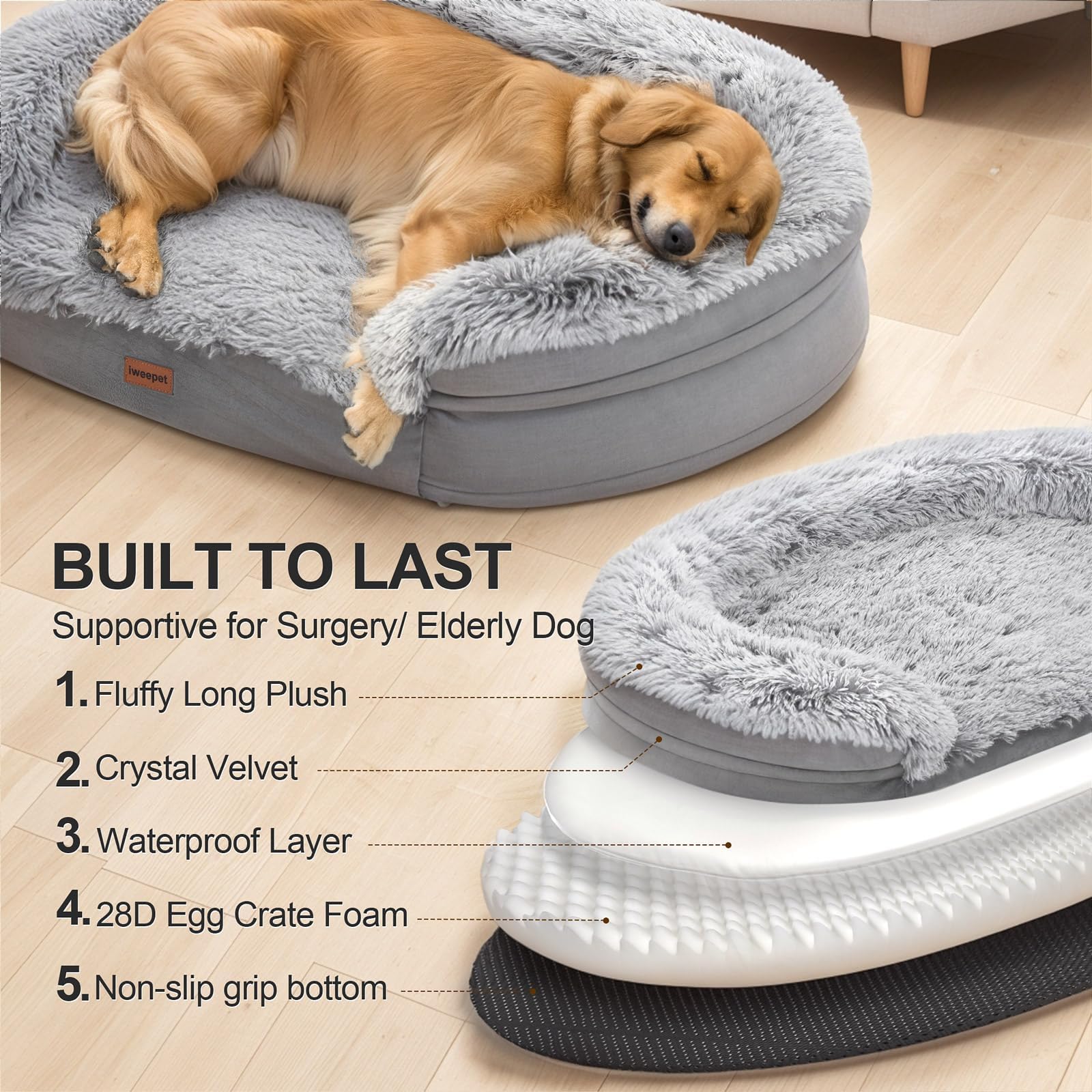 3.7 inch Thickened Orthopedic Dog Beds for Extra Large Dogs, Supportive Dog Sofa Bed with 28D Egg-Crate Foam, Removable Washable Cover, Waterproof Lining, Half-Round Design for Puppy,Senior,Sick 4